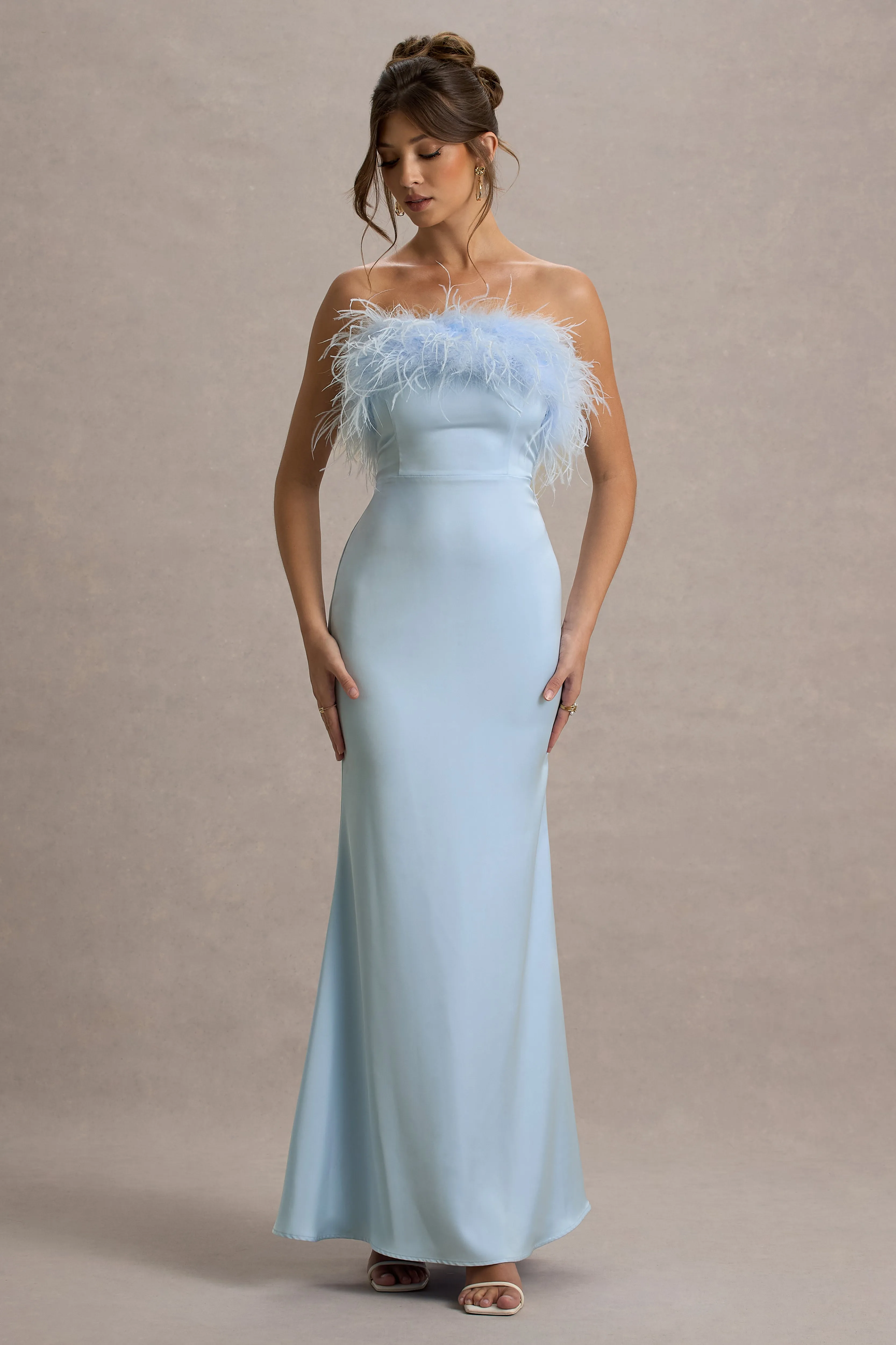 Dress For It | Powder Blue Satin Feather Trim Bandeau Maxi Dress Club L London
