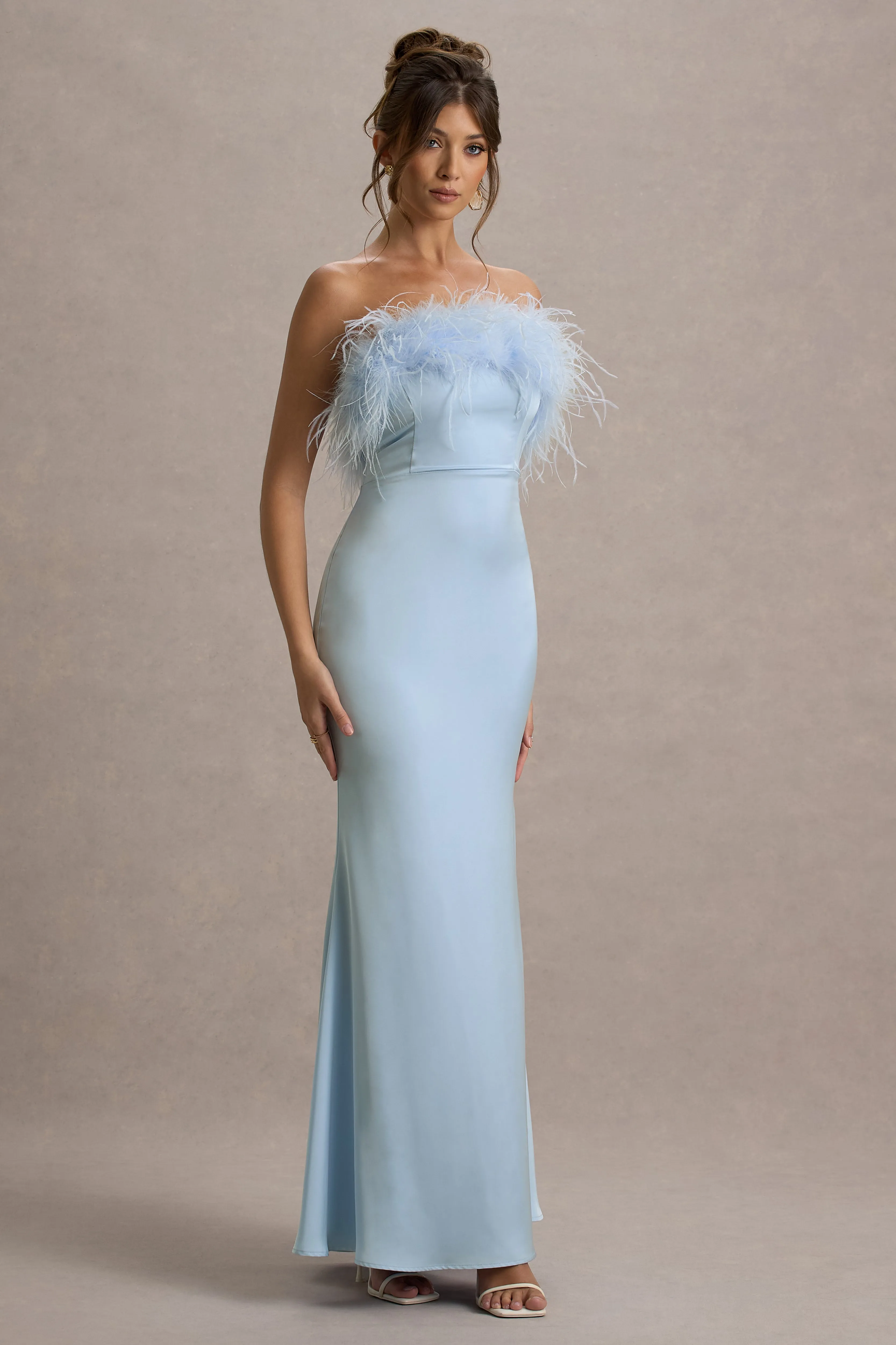 Dress For It | Powder Blue Satin Feather Trim Bandeau Maxi Dress Club L London