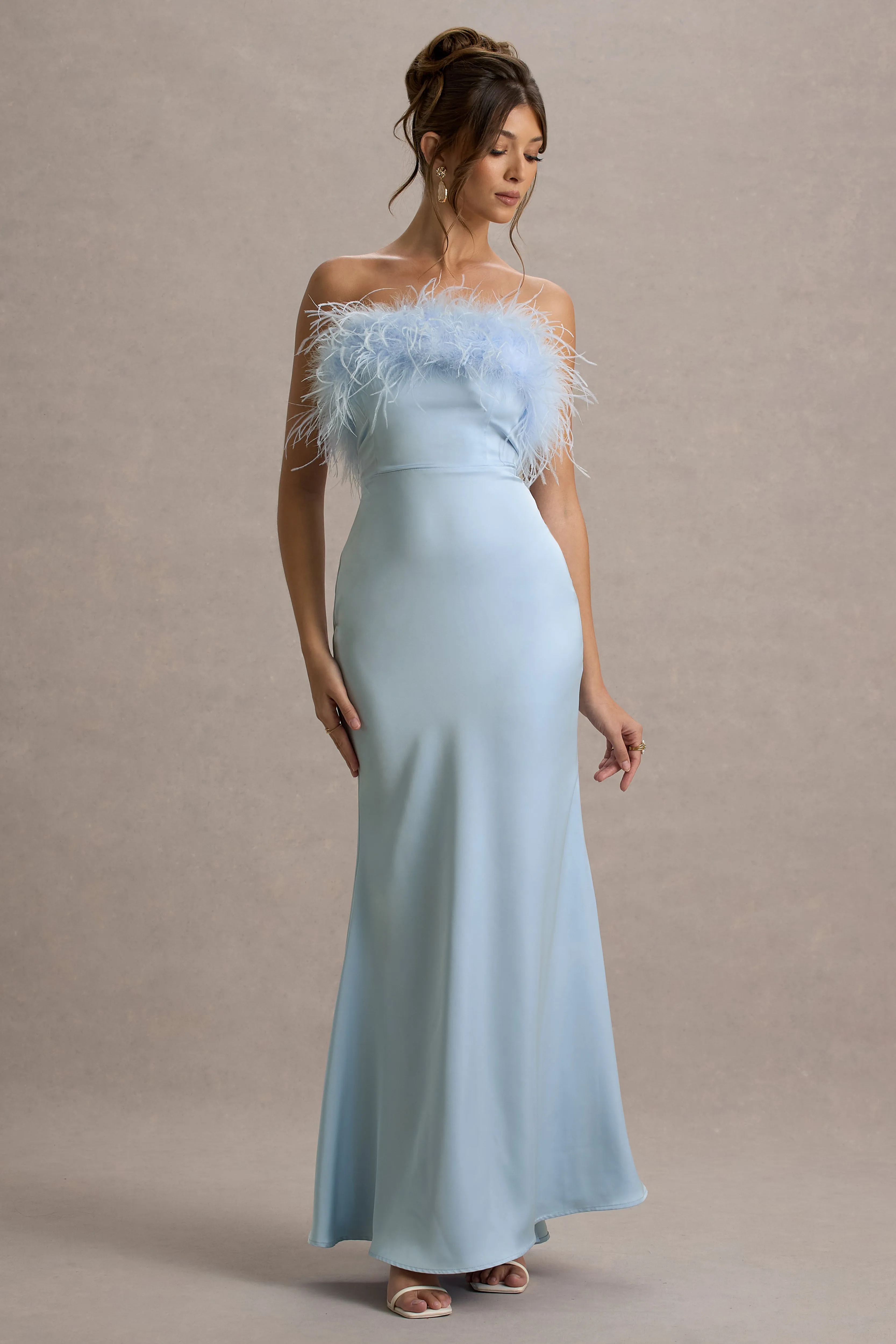Dress For It | Powder Blue Satin Feather Trim Bandeau Maxi Dress Club L London