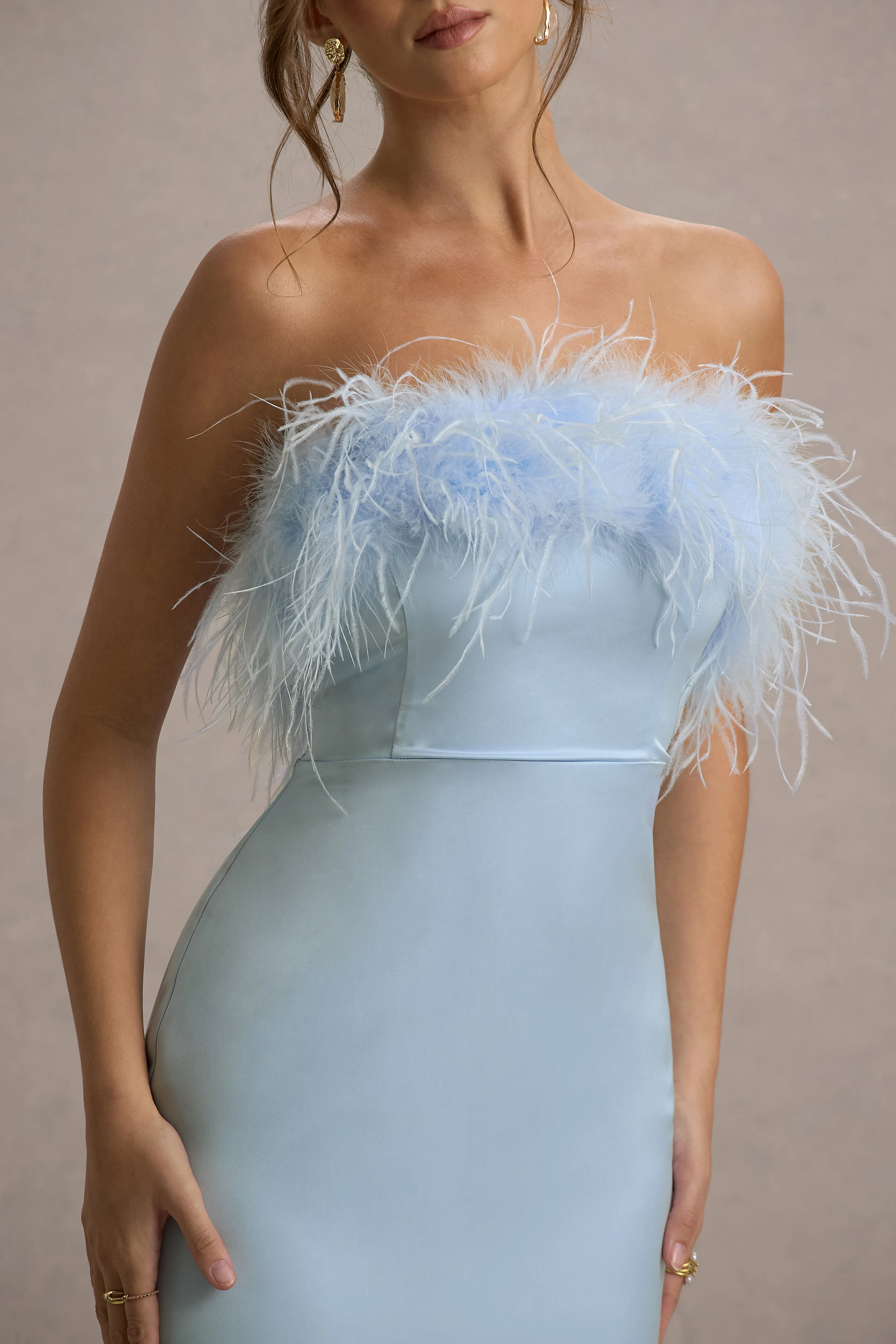 Dress For It | Powder Blue Satin Feather Trim Bandeau Maxi Dress Club L London