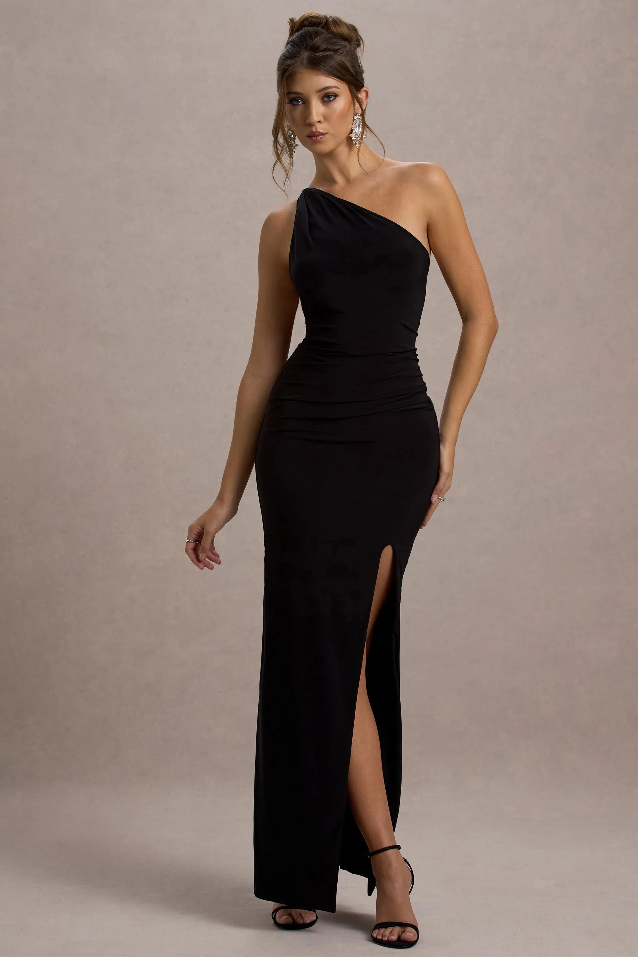 Dressing Up | Black One Shoulder Maxi Dress With Open Back Detail Club L London