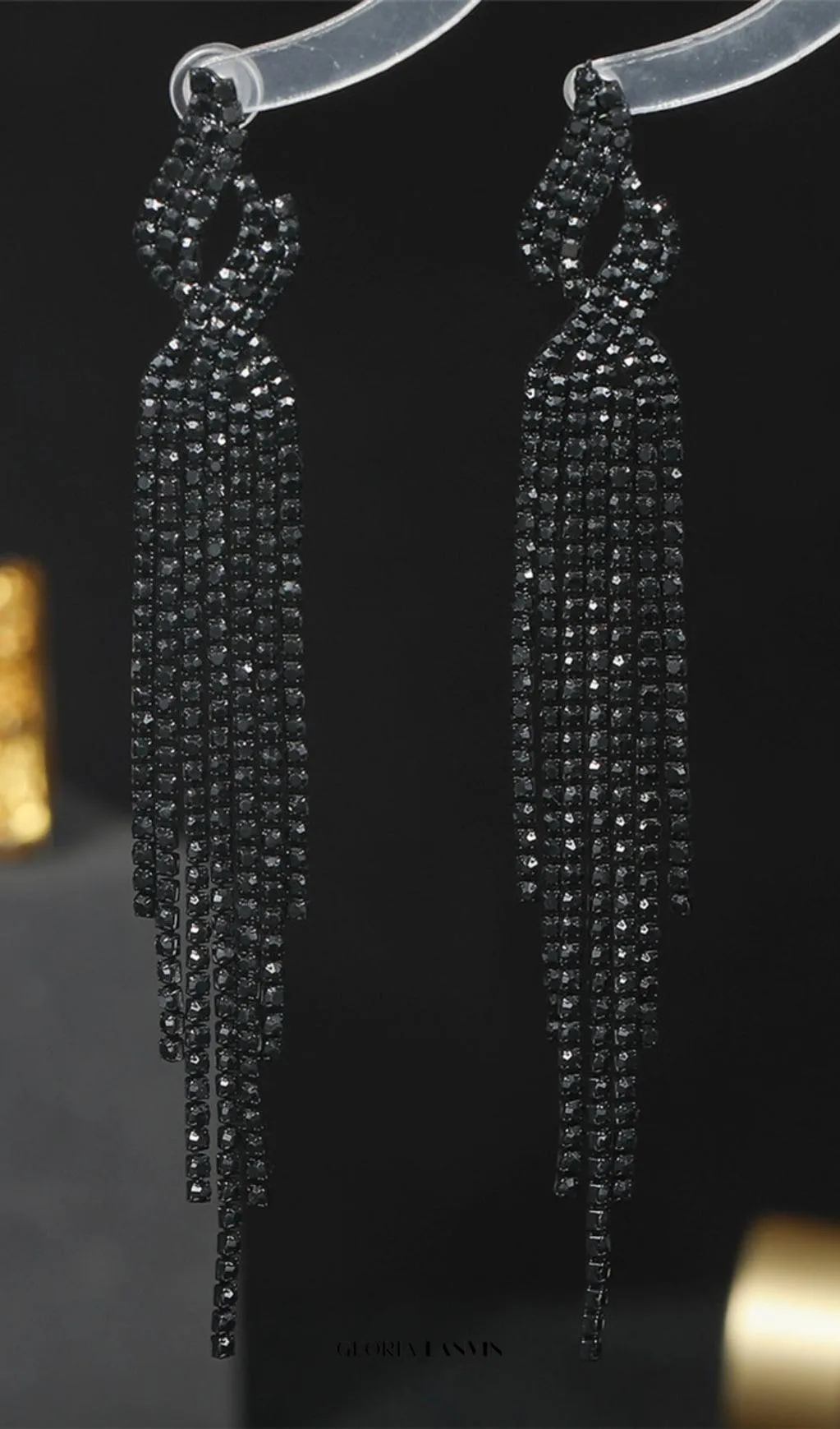 Dunya Black Rhinestone Tassel Earrings Gloria Lanvin