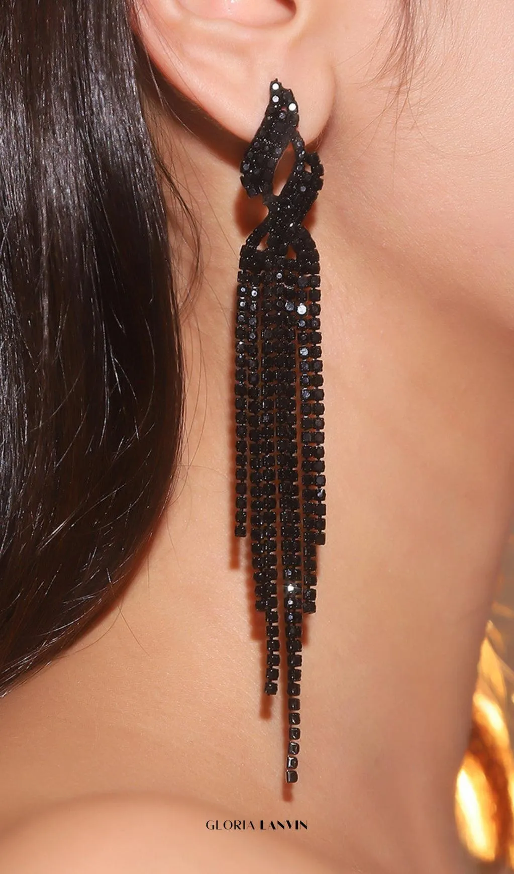Dunya Black Rhinestone Tassel Earrings Gloria Lanvin