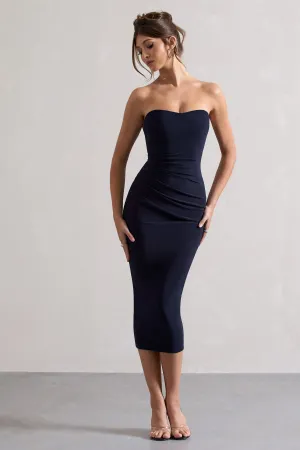 East End | Navy Strapless Gathered Midi Dress Club L London