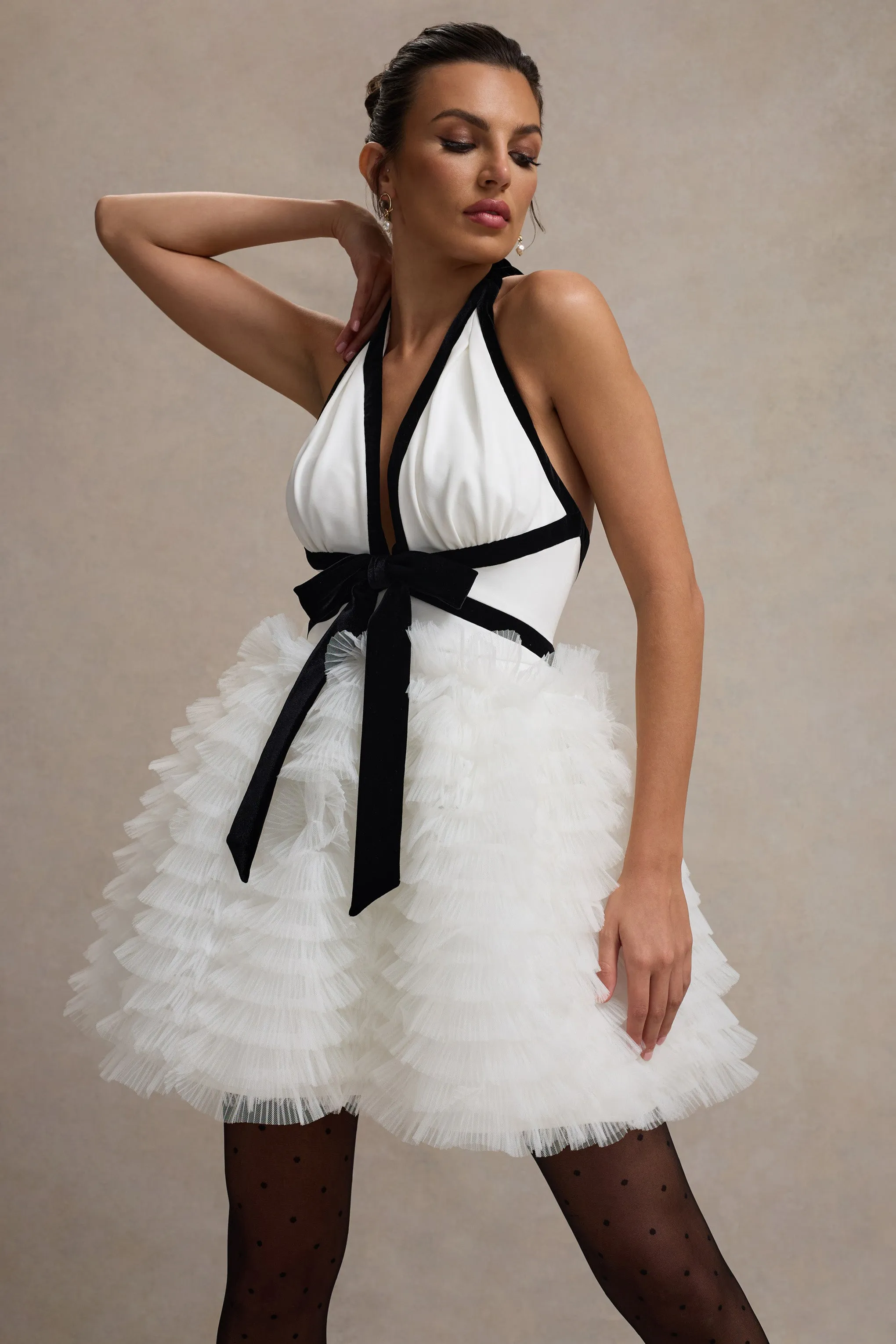 Eclair | Black & White Plunge-Neck Mini Dress With Tulle Skirt Club L London