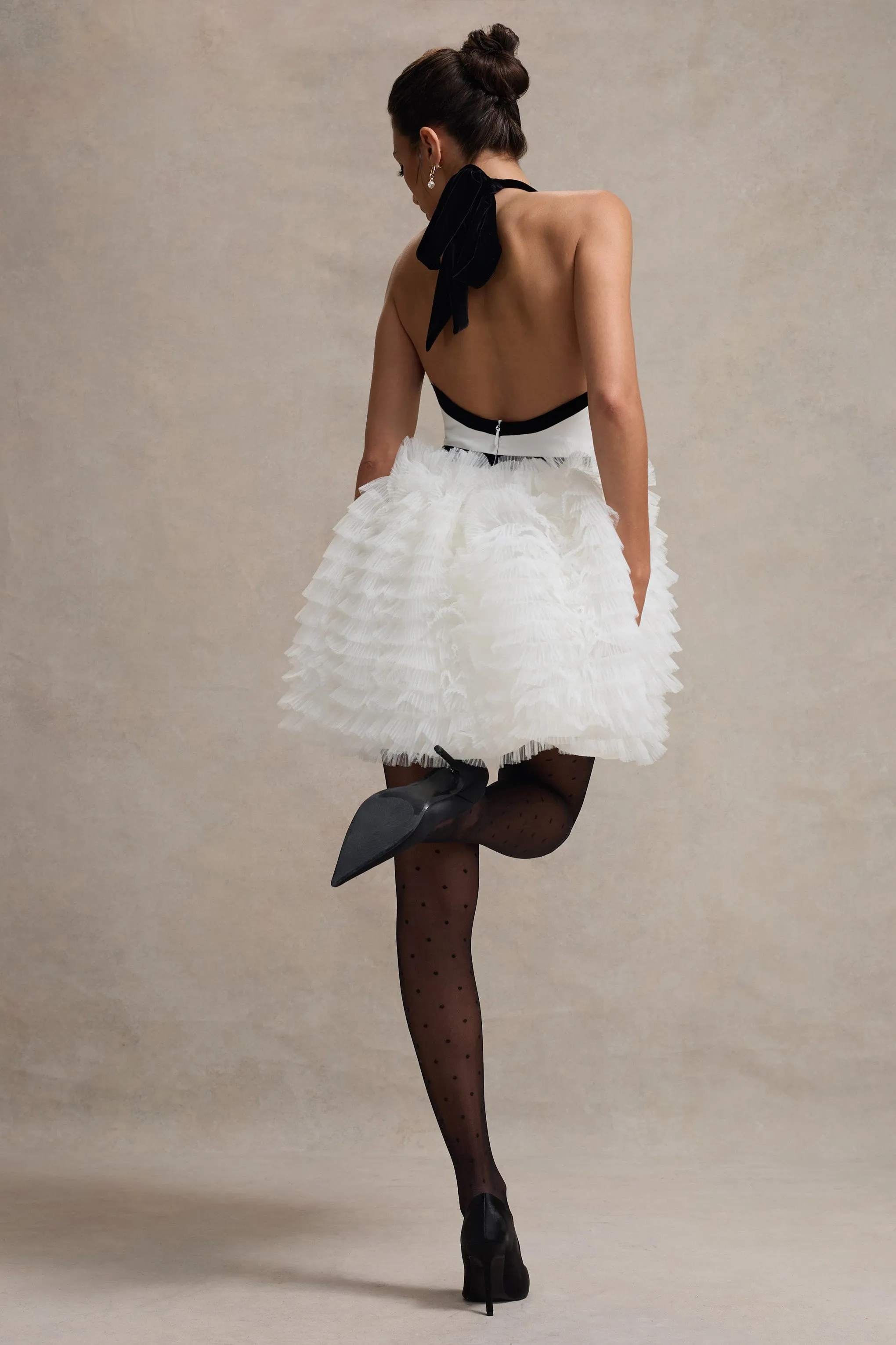 Eclair | Black & White Plunge-Neck Mini Dress With Tulle Skirt Club L London