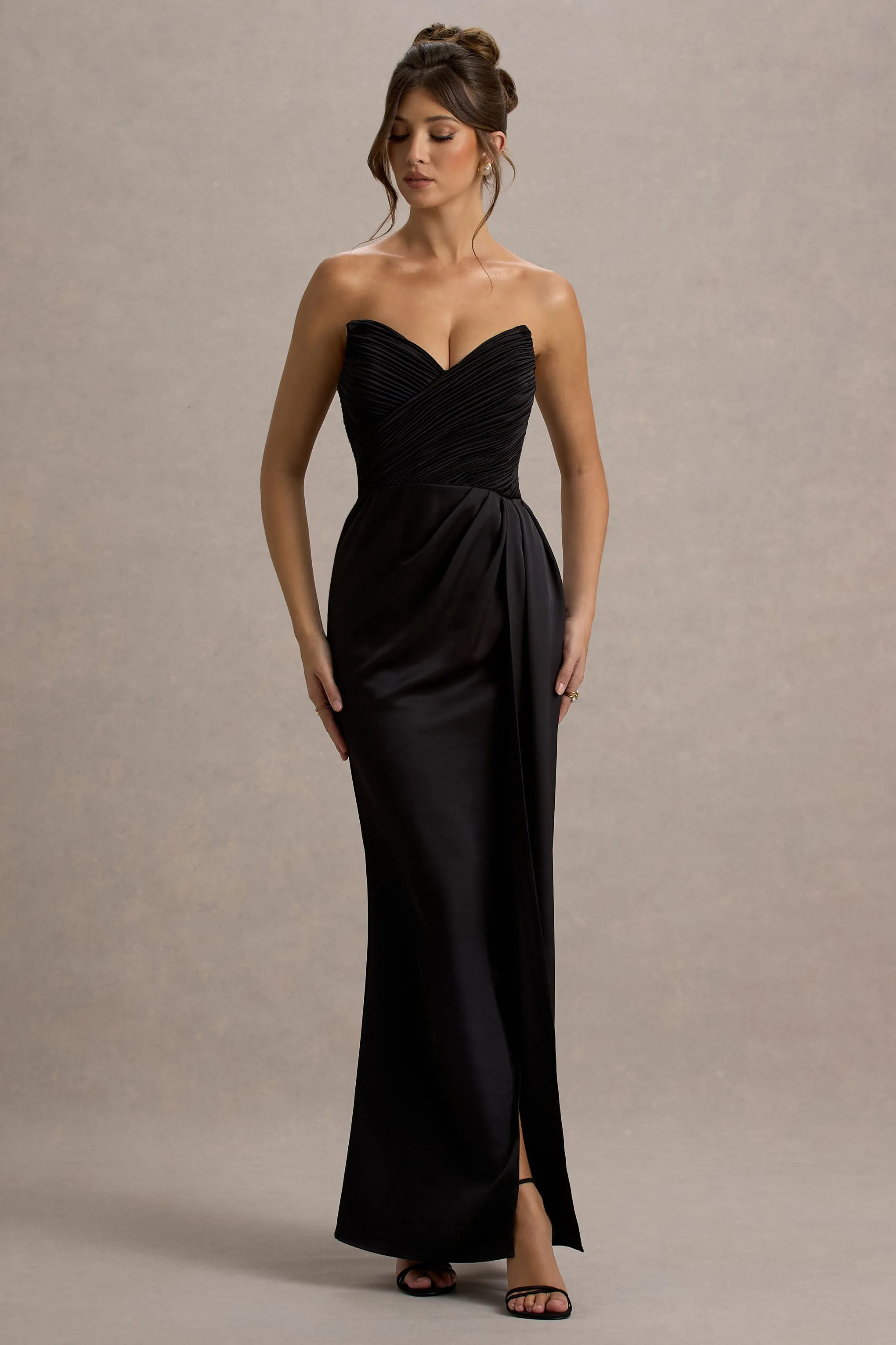 Edel | Black Satin Strapless Maxi Dress With Drape Club L London