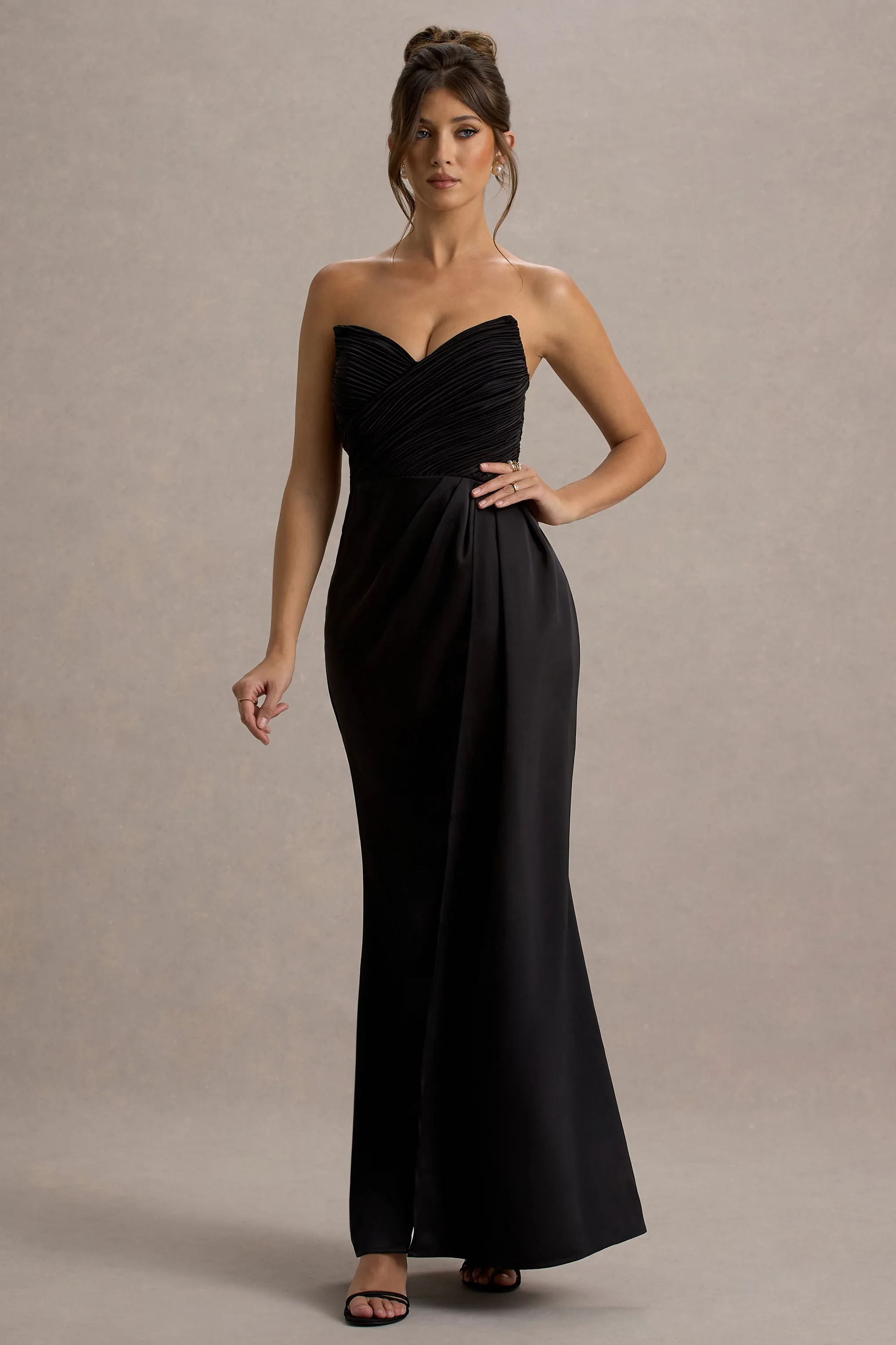 Edel | Black Satin Strapless Maxi Dress With Drape Club L London