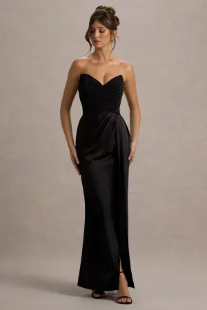 Edel | Black Satin Strapless Maxi Dress With Drape Club L London