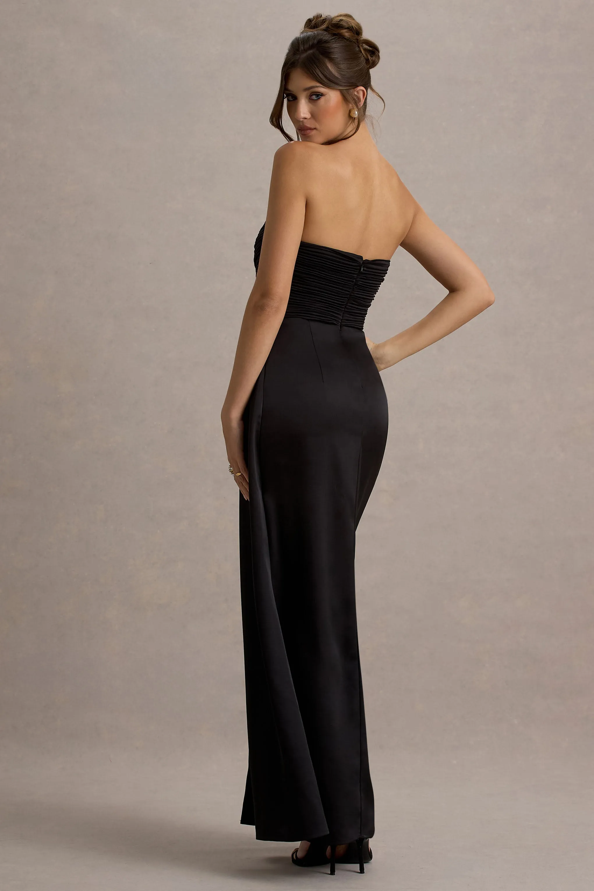 Edel | Black Satin Strapless Maxi Dress With Drape Club L London