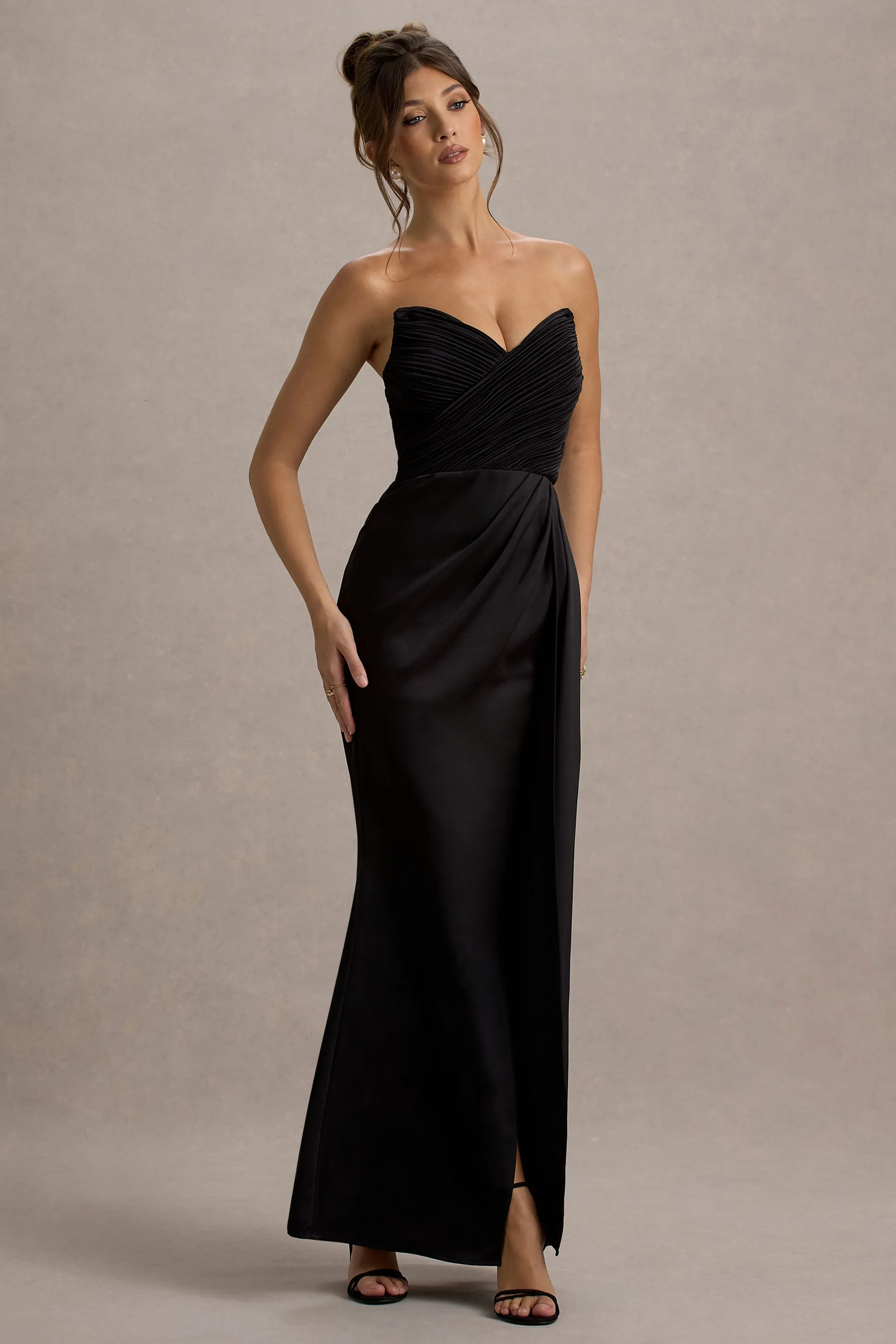 Edel | Black Satin Strapless Maxi Dress With Drape Club L London