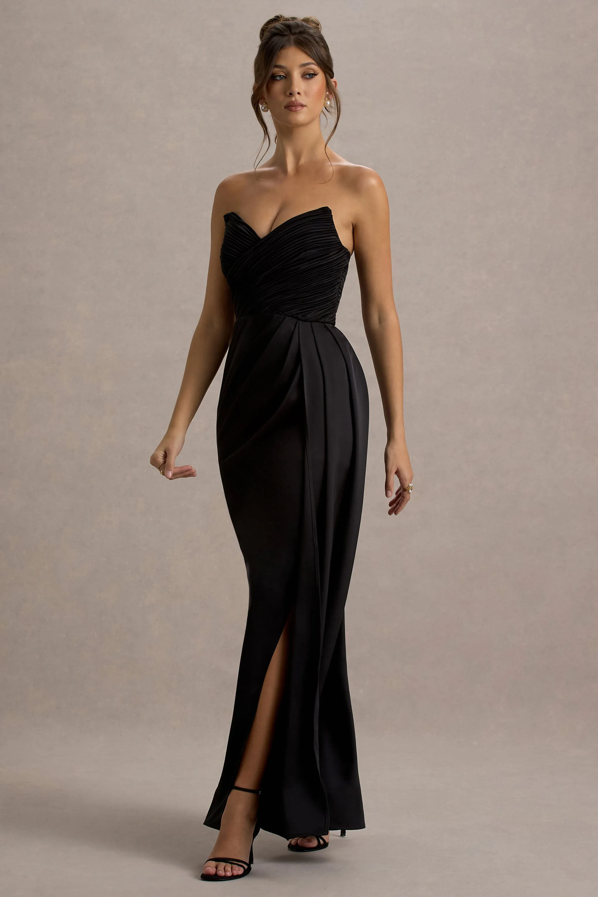 Edel | Black Satin Strapless Maxi Dress With Drape Club L London