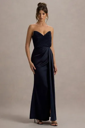 Edel | Navy Satin Strapless Maxi Dress With Drape Club L London