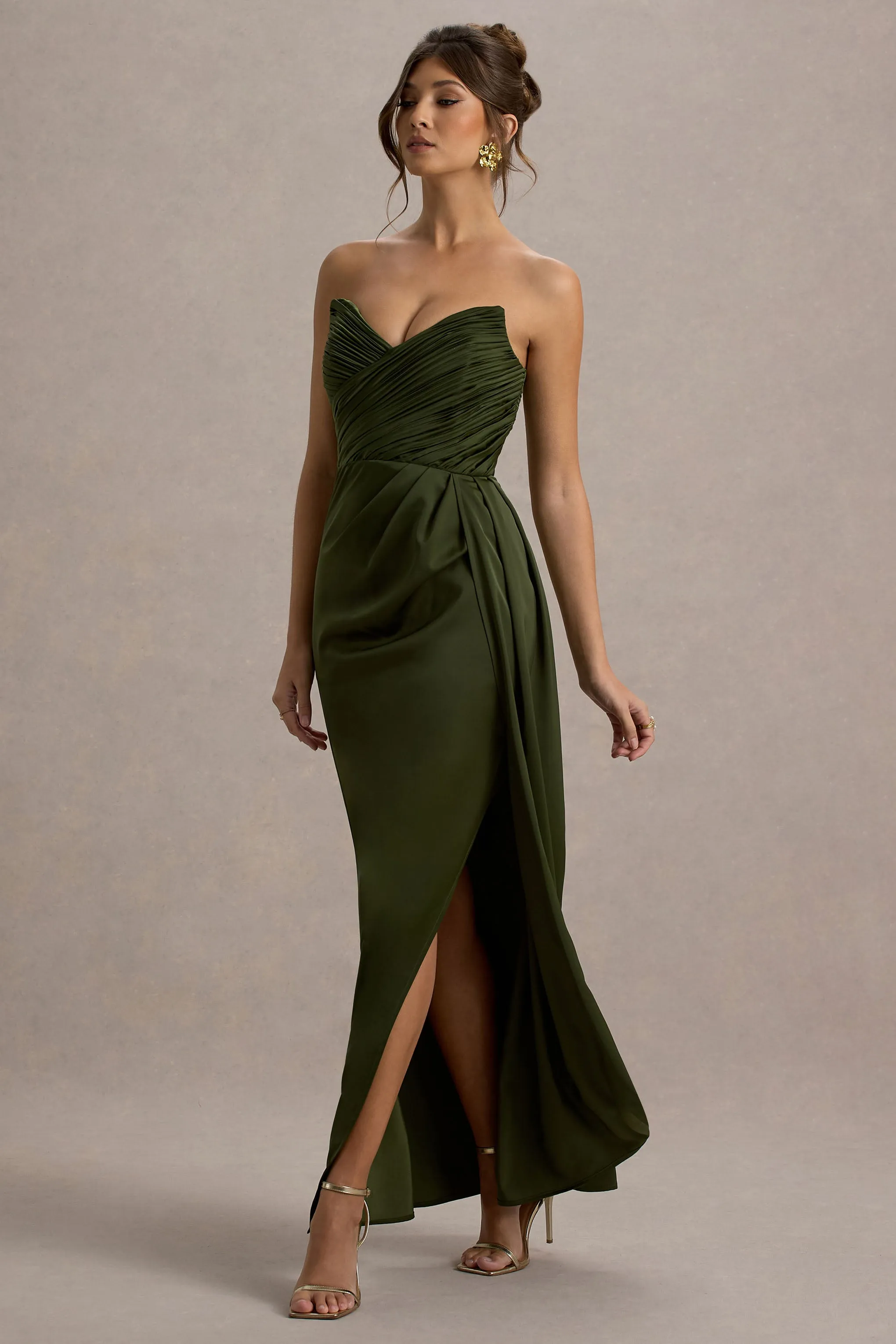 Edel | Olive Satin Strapless Maxi Dress With Drape Club L London