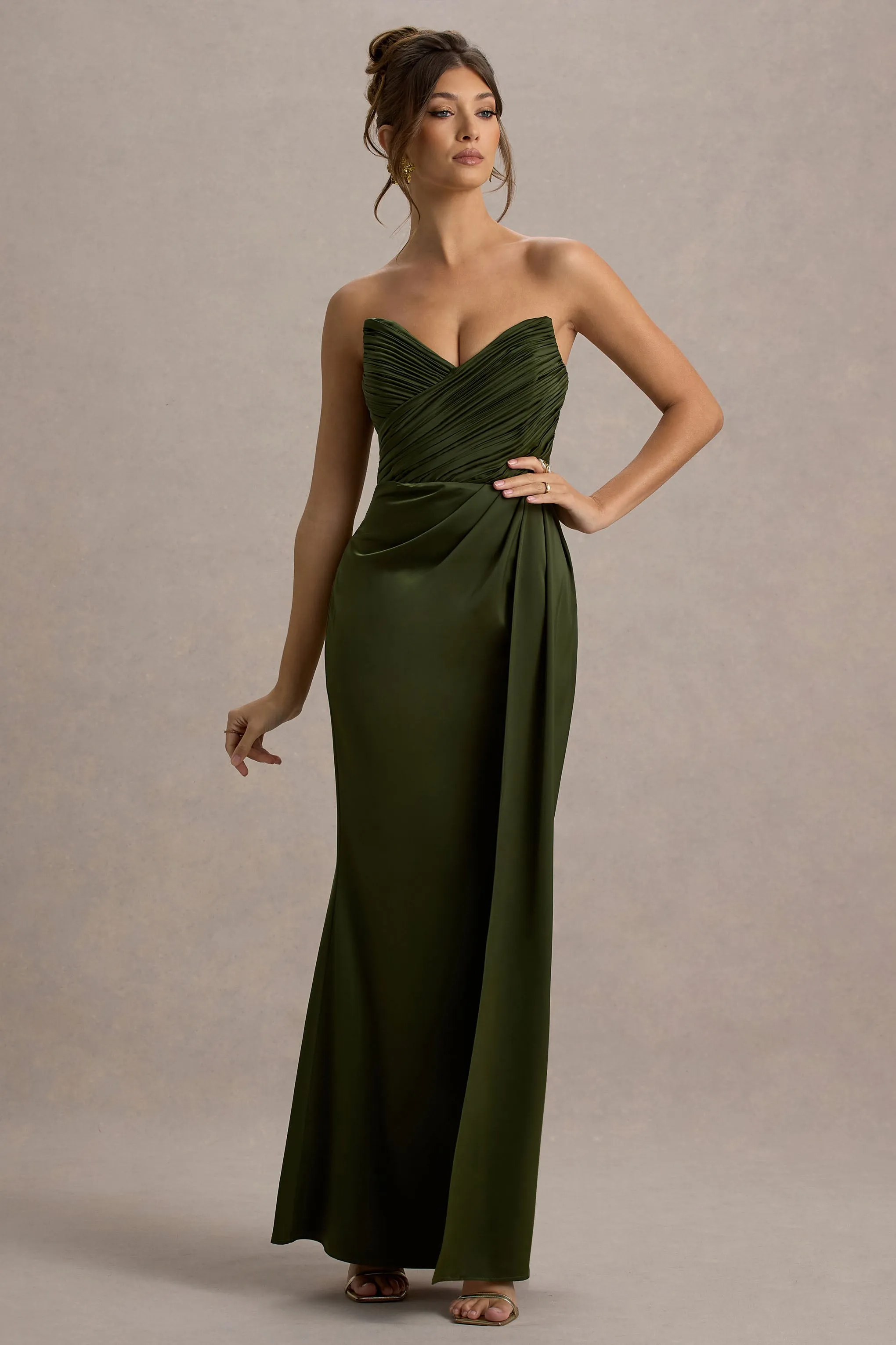 Edel | Olive Satin Strapless Maxi Dress With Drape Club L London