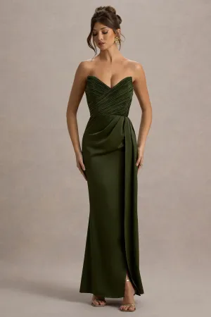 Edel | Olive Satin Strapless Maxi Dress With Drape Club L London