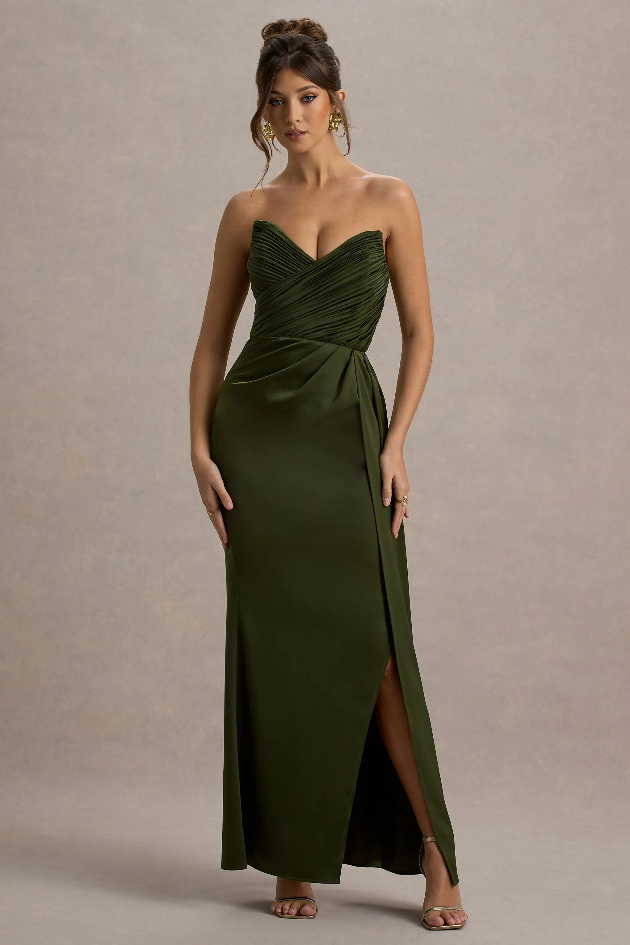 Edel | Olive Satin Strapless Maxi Dress With Drape Club L London