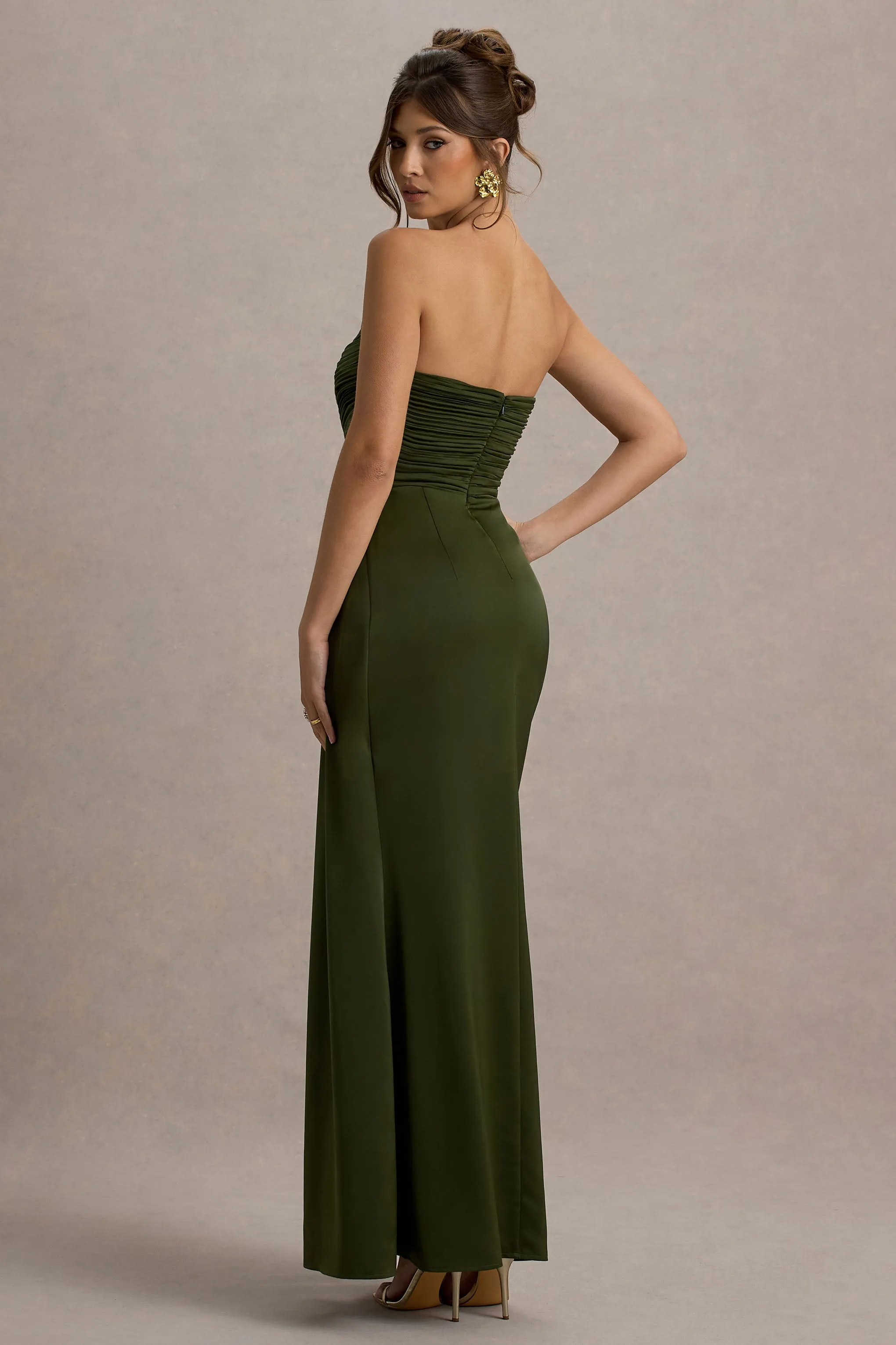 Edel | Olive Satin Strapless Maxi Dress With Drape Club L London