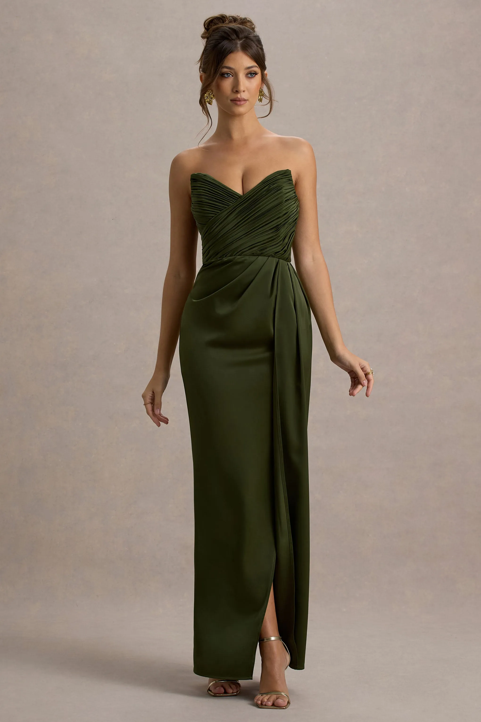 Edel | Olive Satin Strapless Maxi Dress With Drape Club L London