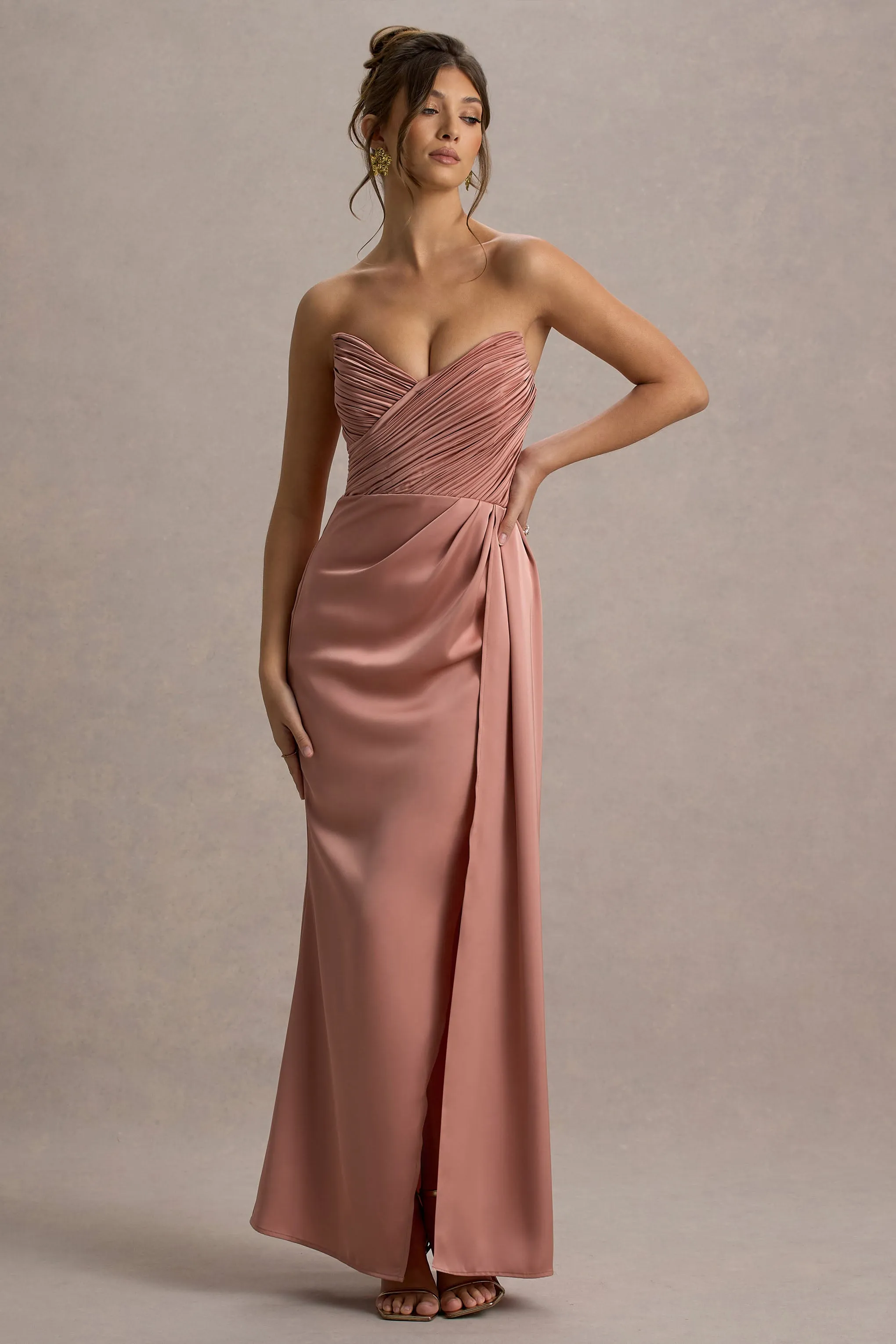 Edel | Pink Satin Strapless Maxi Dress With Drape Club L London
