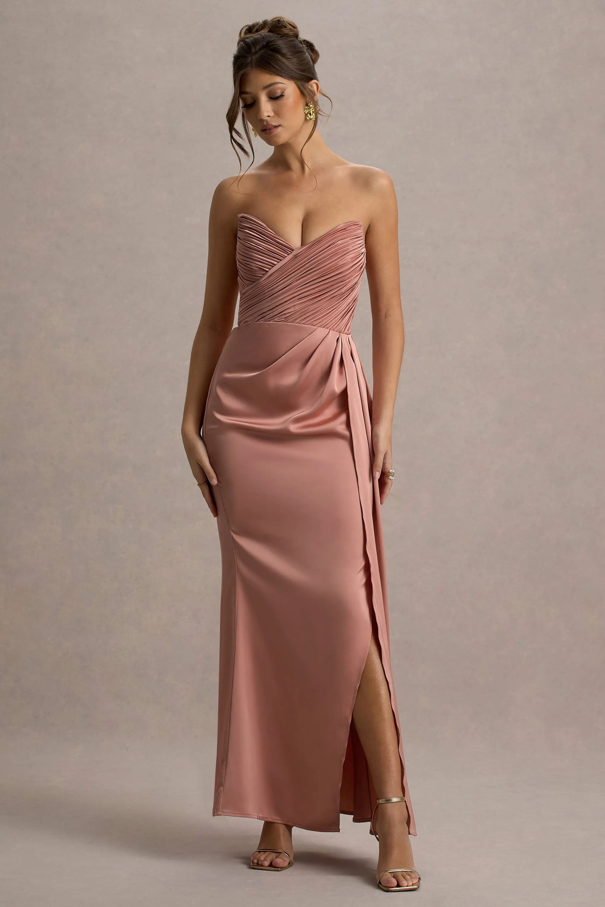 Edel | Pink Satin Strapless Maxi Dress With Drape Club L London