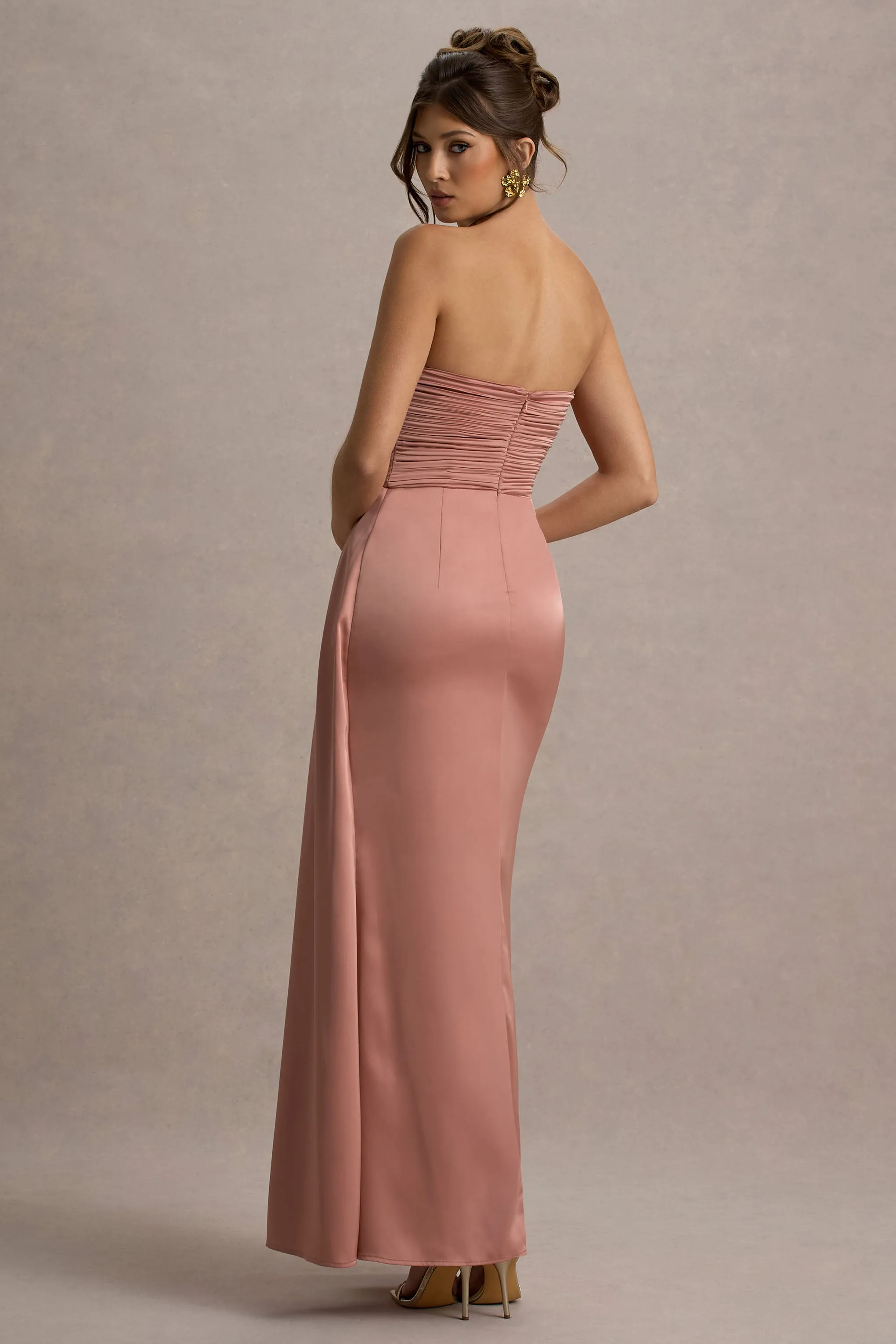 Edel | Pink Satin Strapless Maxi Dress With Drape Club L London