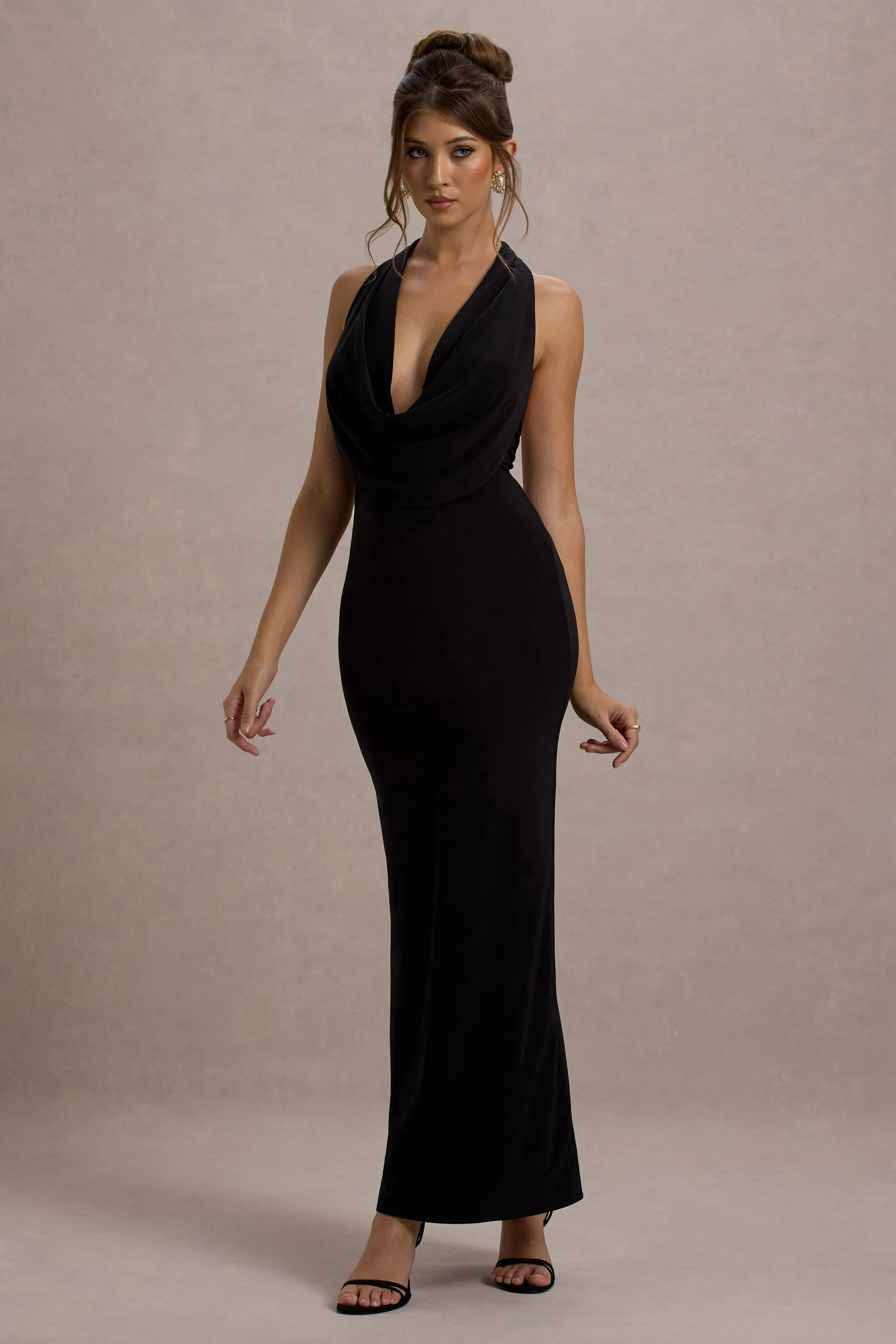 Edessa | Black Plunge-Neck Maxi Dress Club L London
