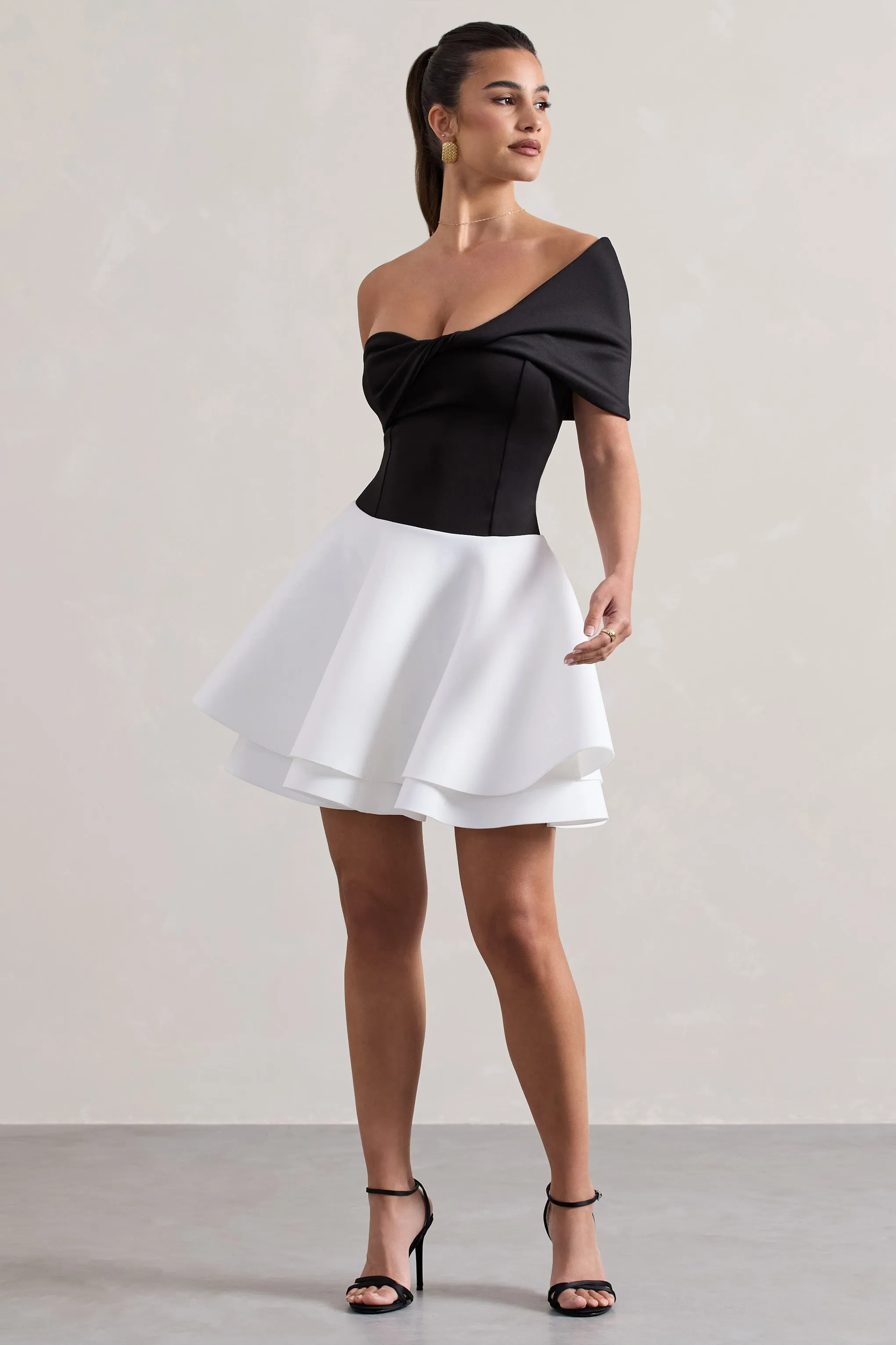 Effie | Black & White Twisted Bardot Skater Mini Dress Club L London