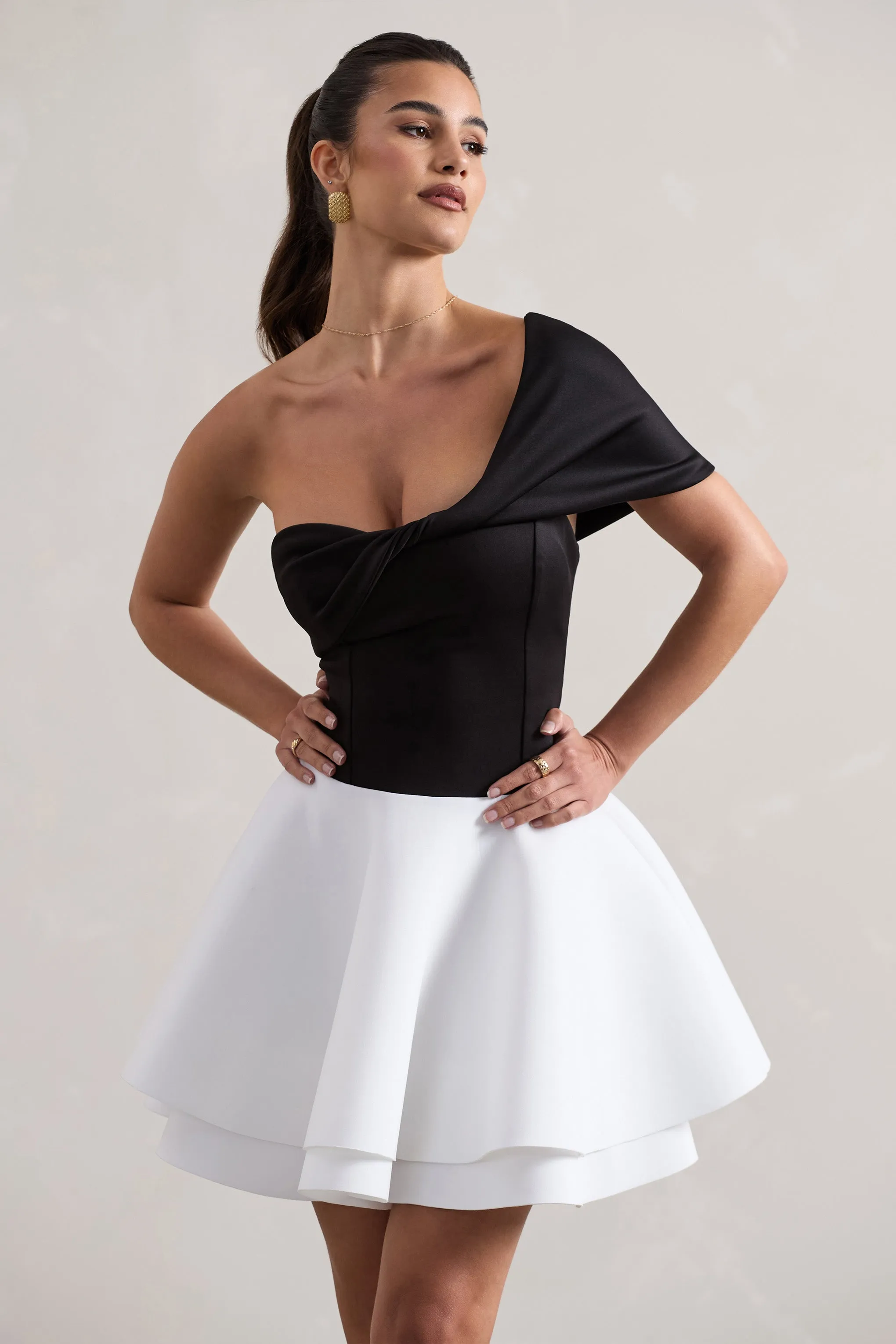Effie | Black & White Twisted Bardot Skater Mini Dress Club L London