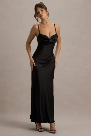 Eimear | Black Satin Draped Sweetheart Maxi Dress Club L London