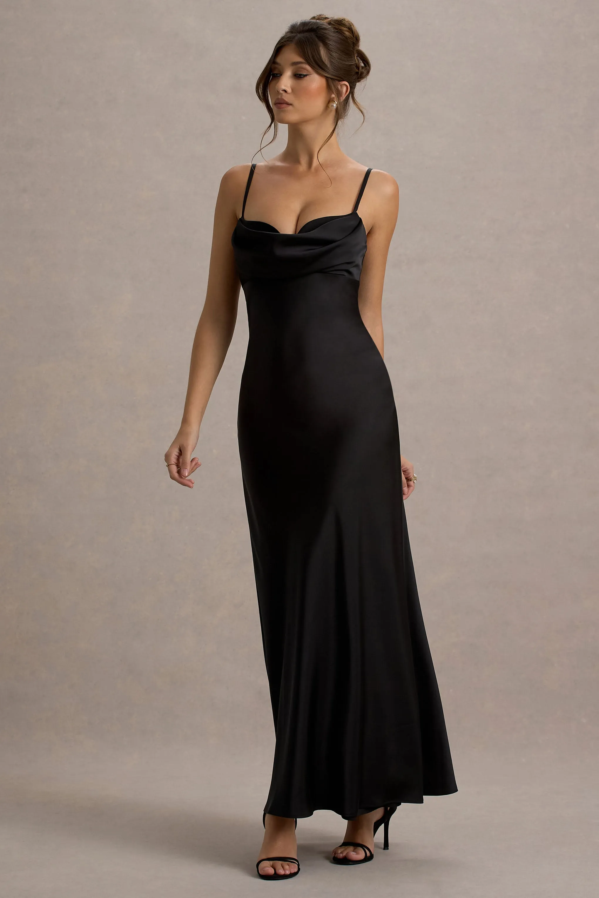 Eimear | Black Satin Draped Sweetheart Maxi Dress Club L London