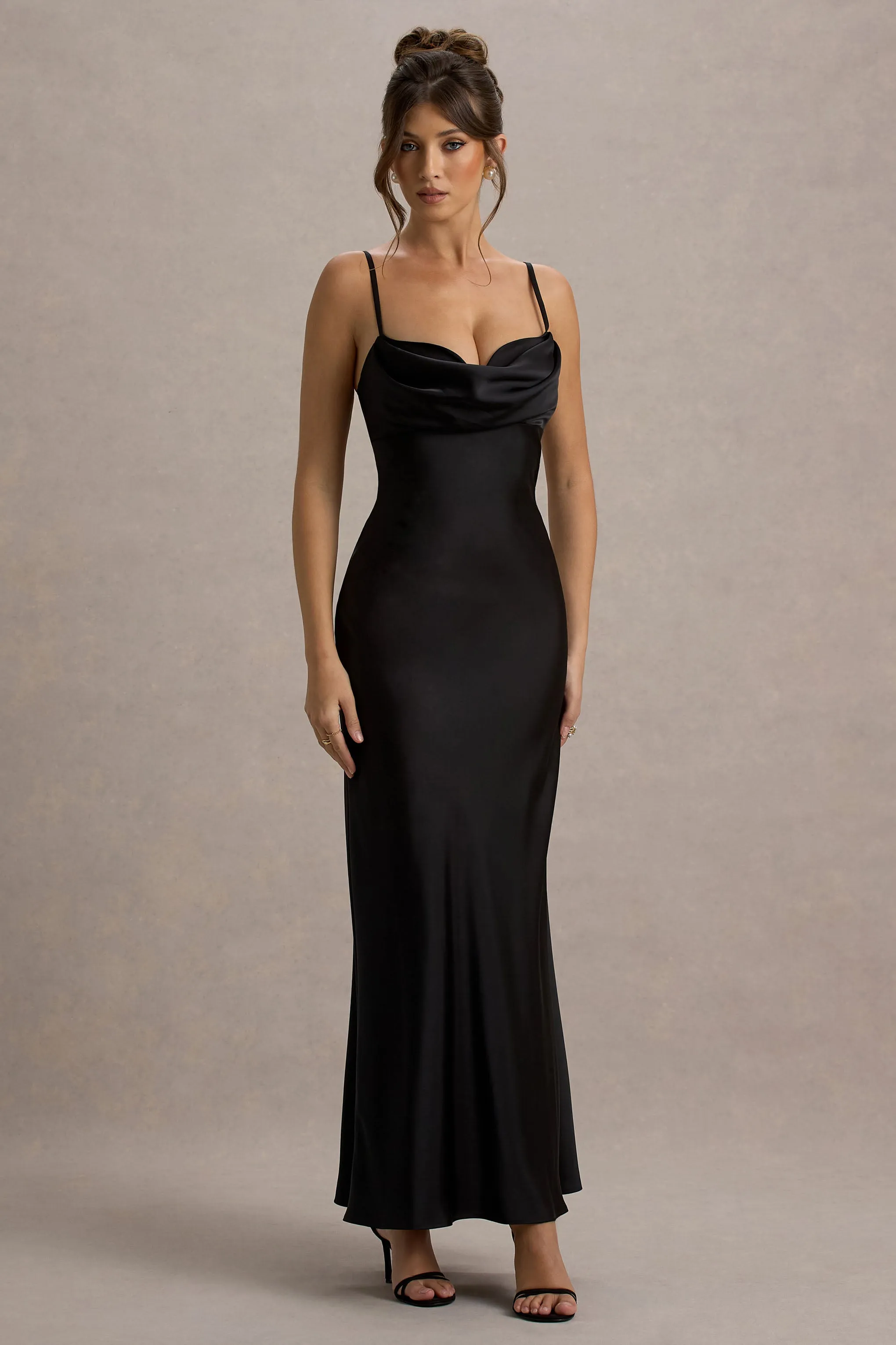 Eimear | Black Satin Draped Sweetheart Maxi Dress Club L London
