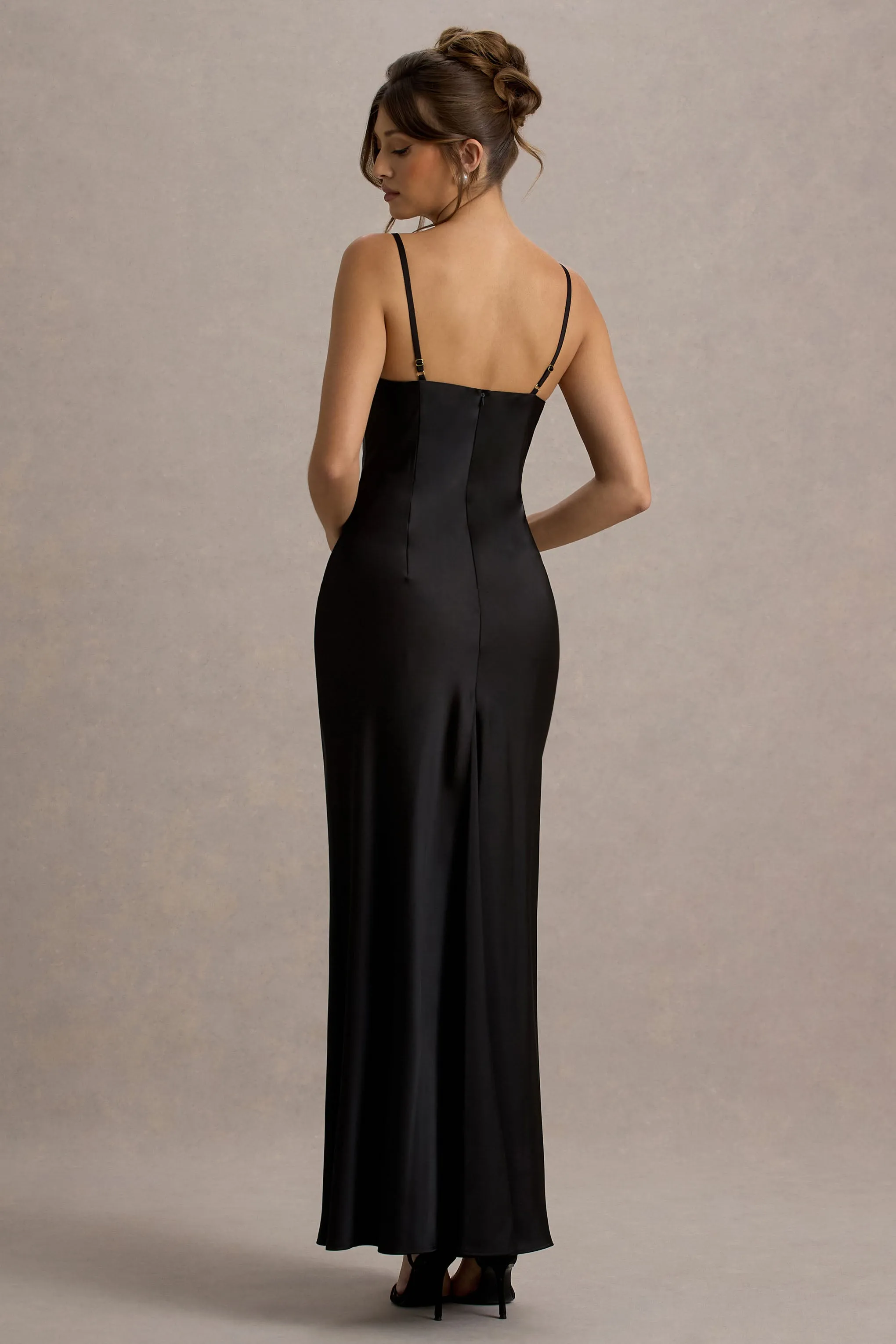 Eimear | Black Satin Draped Sweetheart Maxi Dress Club L London