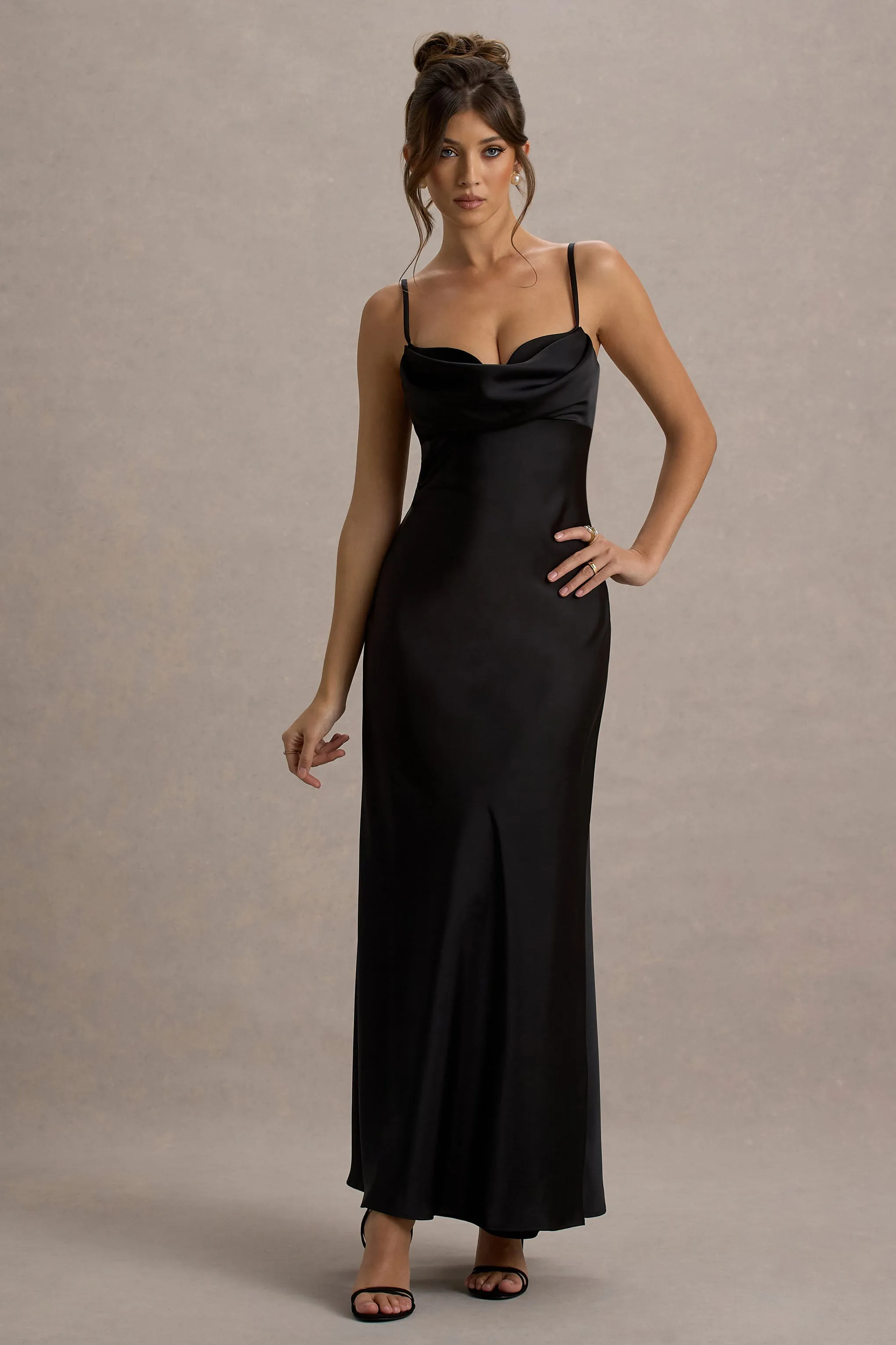 Eimear | Black Satin Draped Sweetheart Maxi Dress Club L London