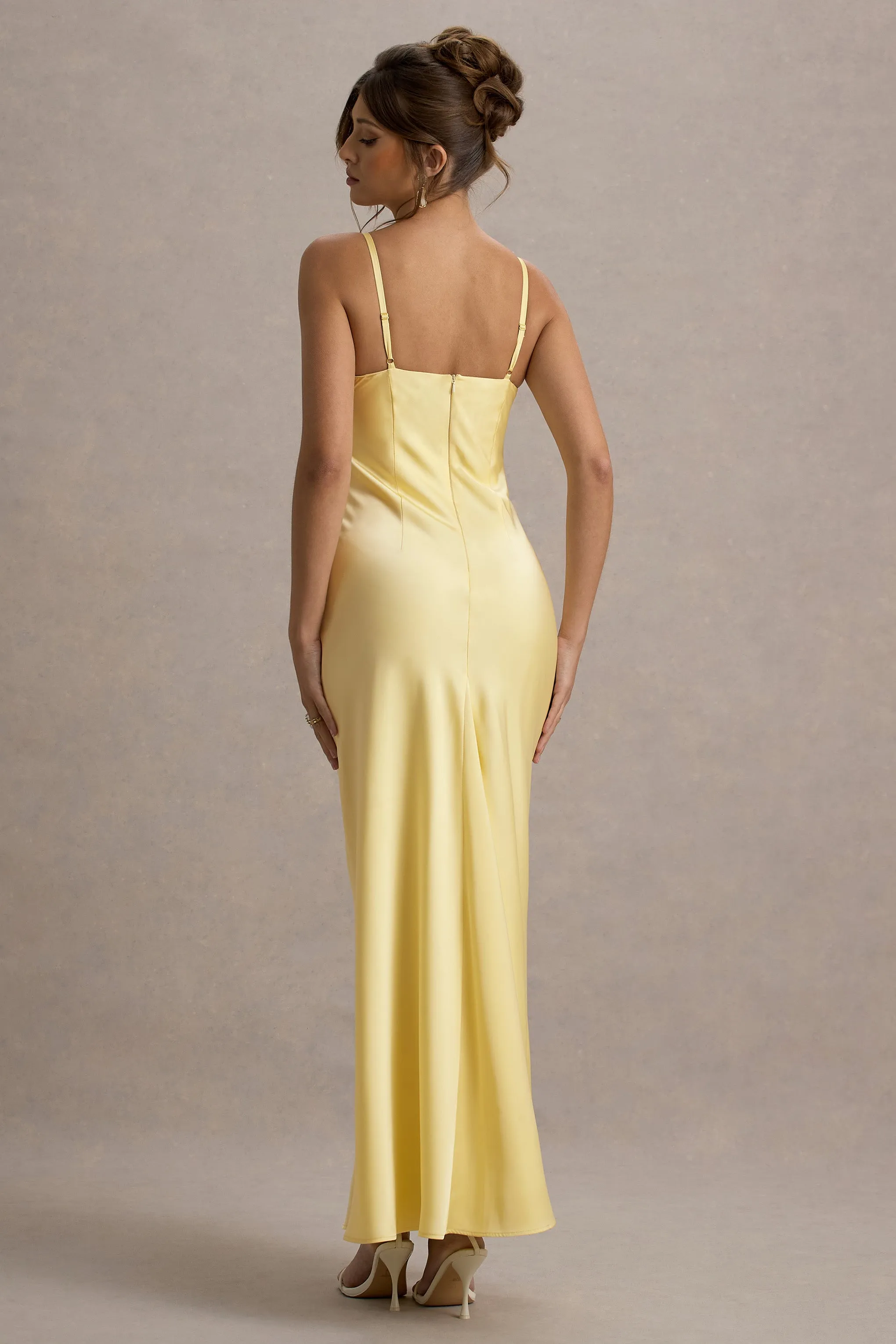 Eimear | Lemon Satin Draped Sweetheart Maxi Dress Club L London