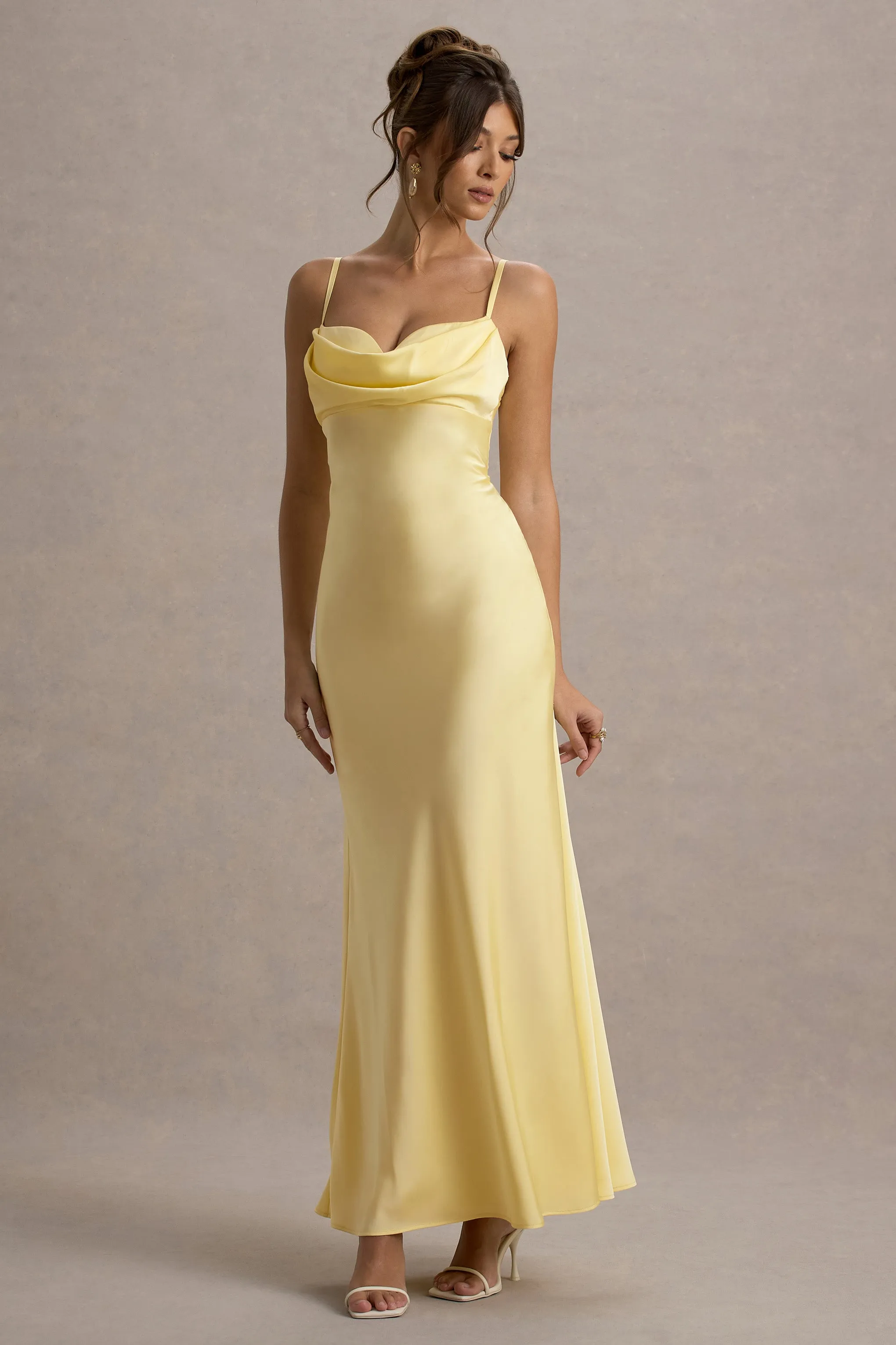 Eimear | Lemon Satin Draped Sweetheart Maxi Dress Club L London