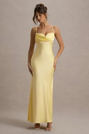 Eimear | Lemon Satin Draped Sweetheart Maxi Dress Club L London