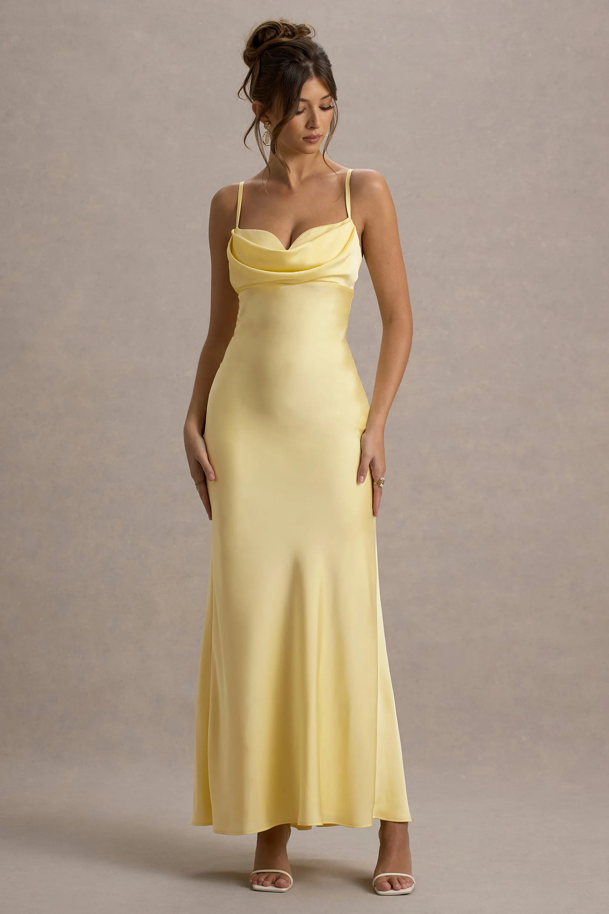 Eimear | Lemon Satin Draped Sweetheart Maxi Dress Club L London