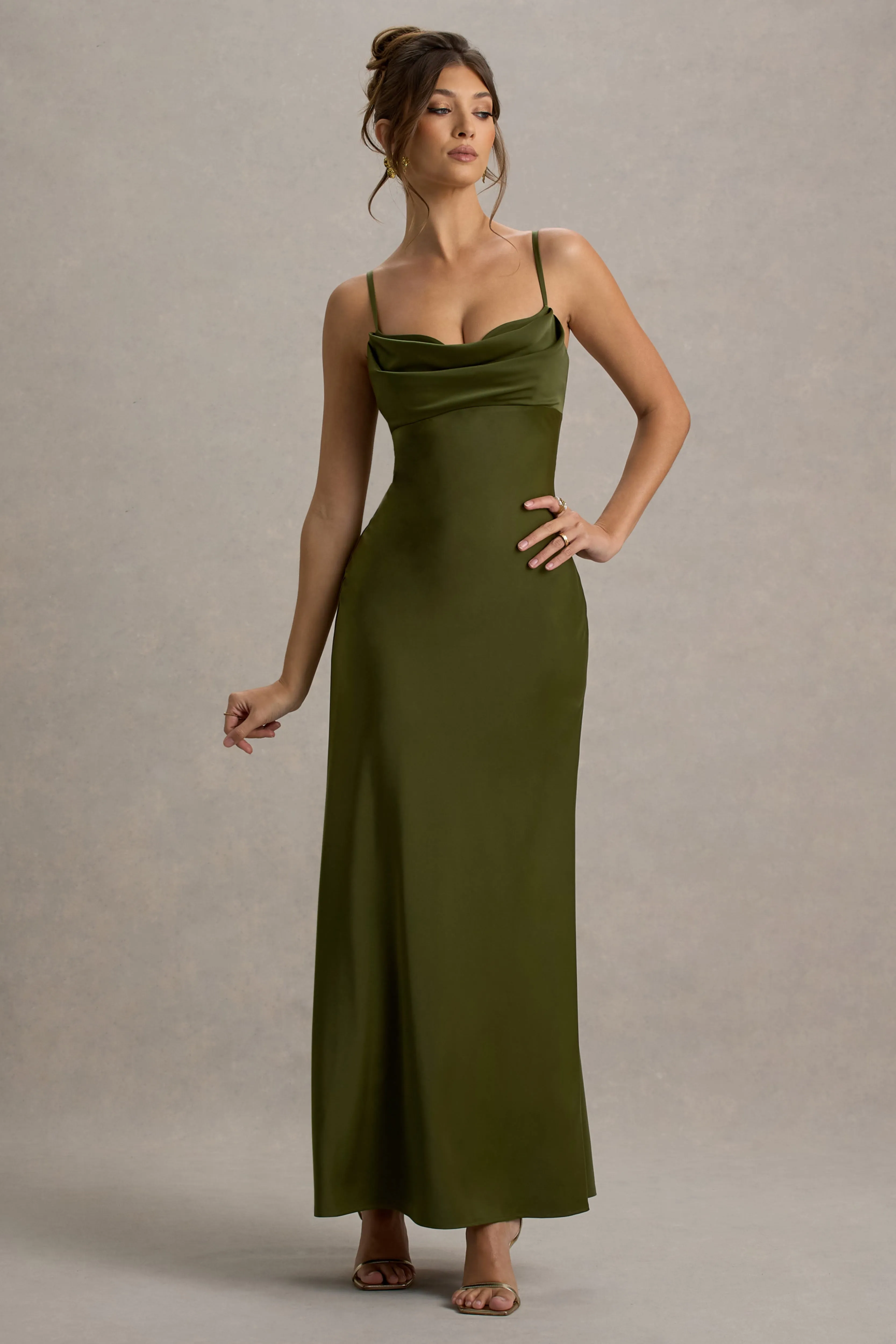 Eimear | Olive Green Satin Draped Sweetheart Maxi Dress Club L London