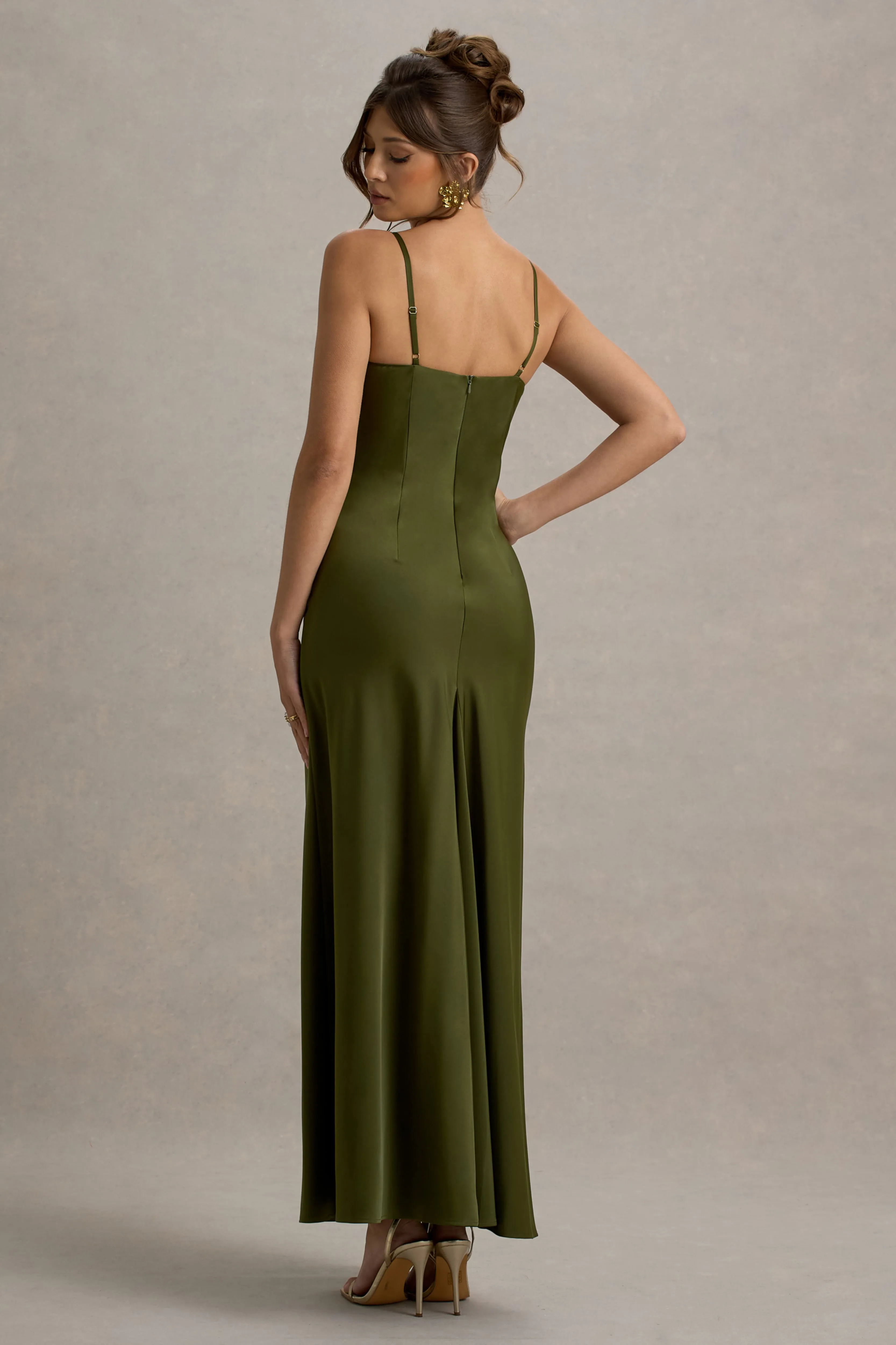 Eimear | Olive Green Satin Draped Sweetheart Maxi Dress Club L London