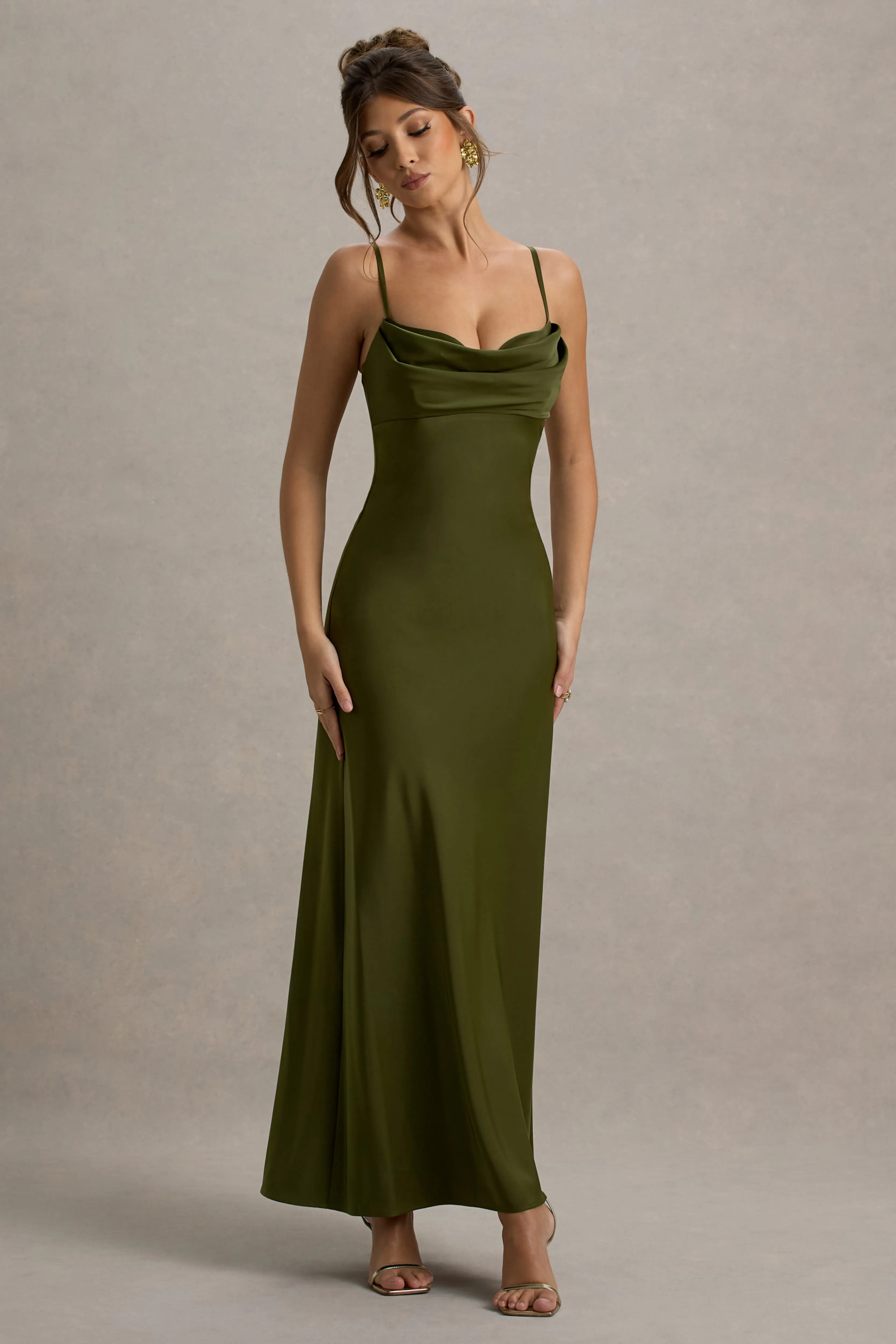 Eimear | Olive Green Satin Draped Sweetheart Maxi Dress Club L London