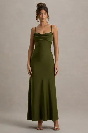 Eimear | Olive Green Satin Draped Sweetheart Maxi Dress Club L London