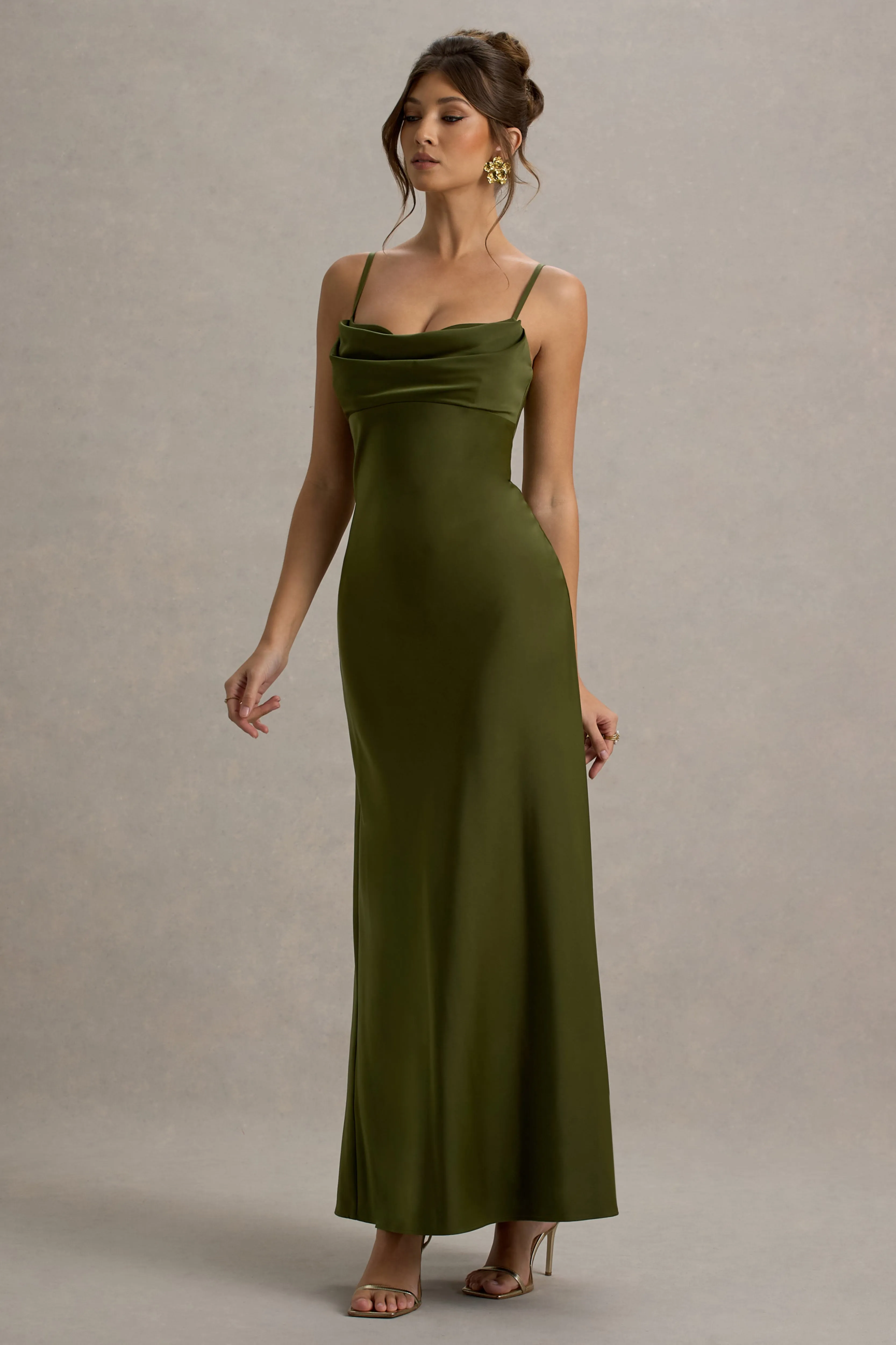 Eimear | Olive Green Satin Draped Sweetheart Maxi Dress Club L London