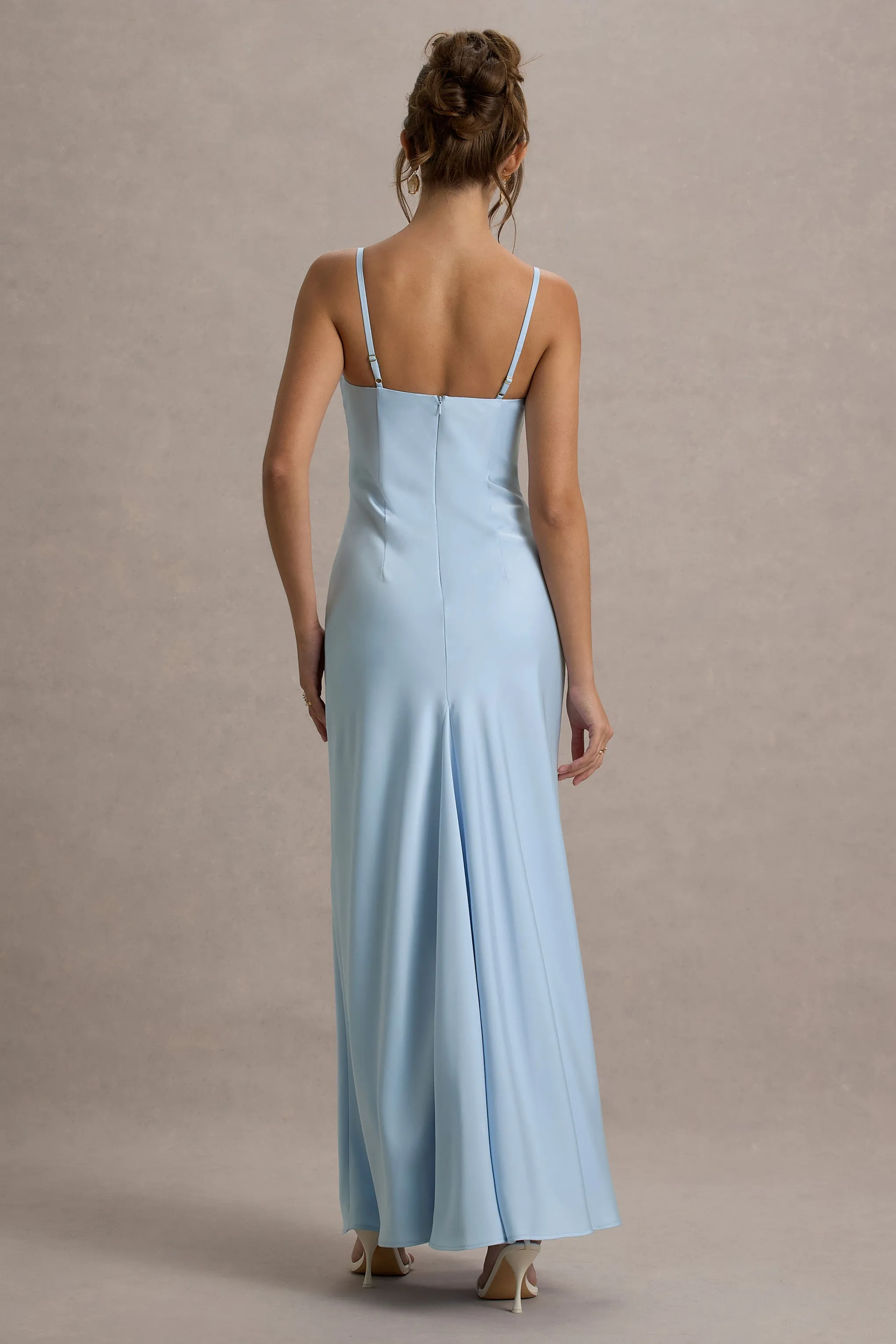 Eimear | Powder Blue Satin Draped Sweetheart Maxi Dress Club L London