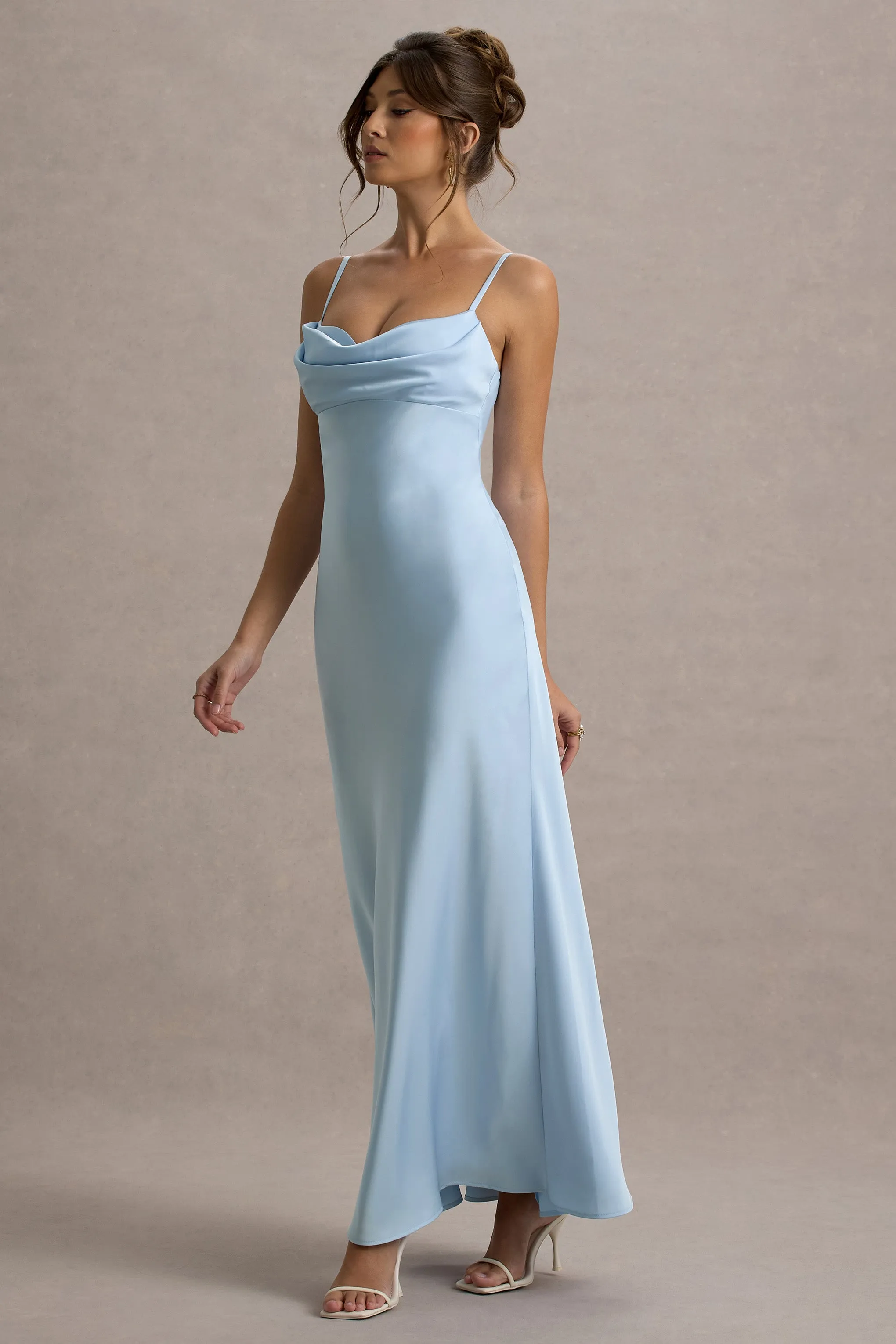 Eimear | Powder Blue Satin Draped Sweetheart Maxi Dress Club L London