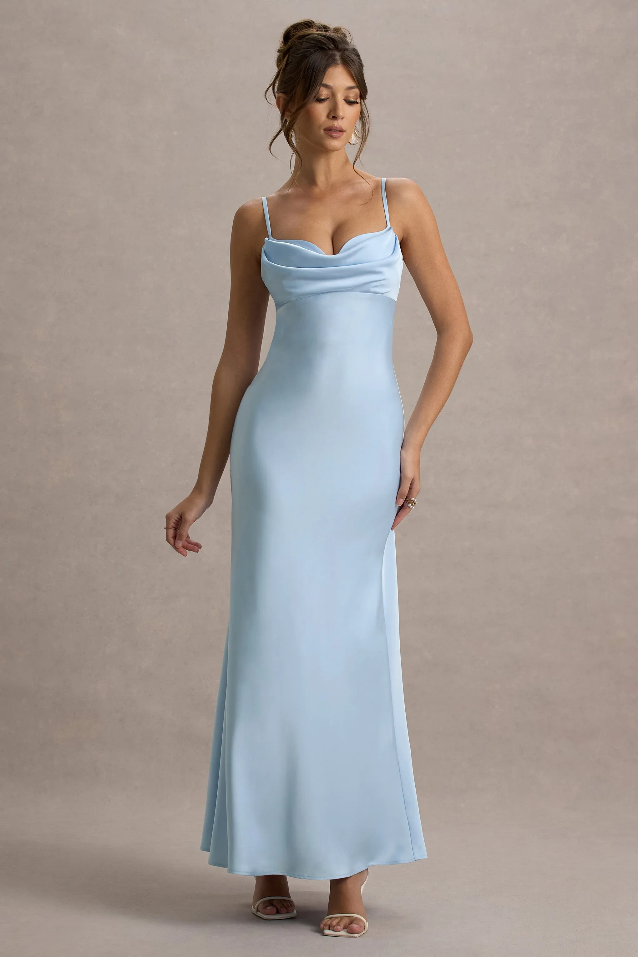 Eimear | Powder Blue Satin Draped Sweetheart Maxi Dress Club L London