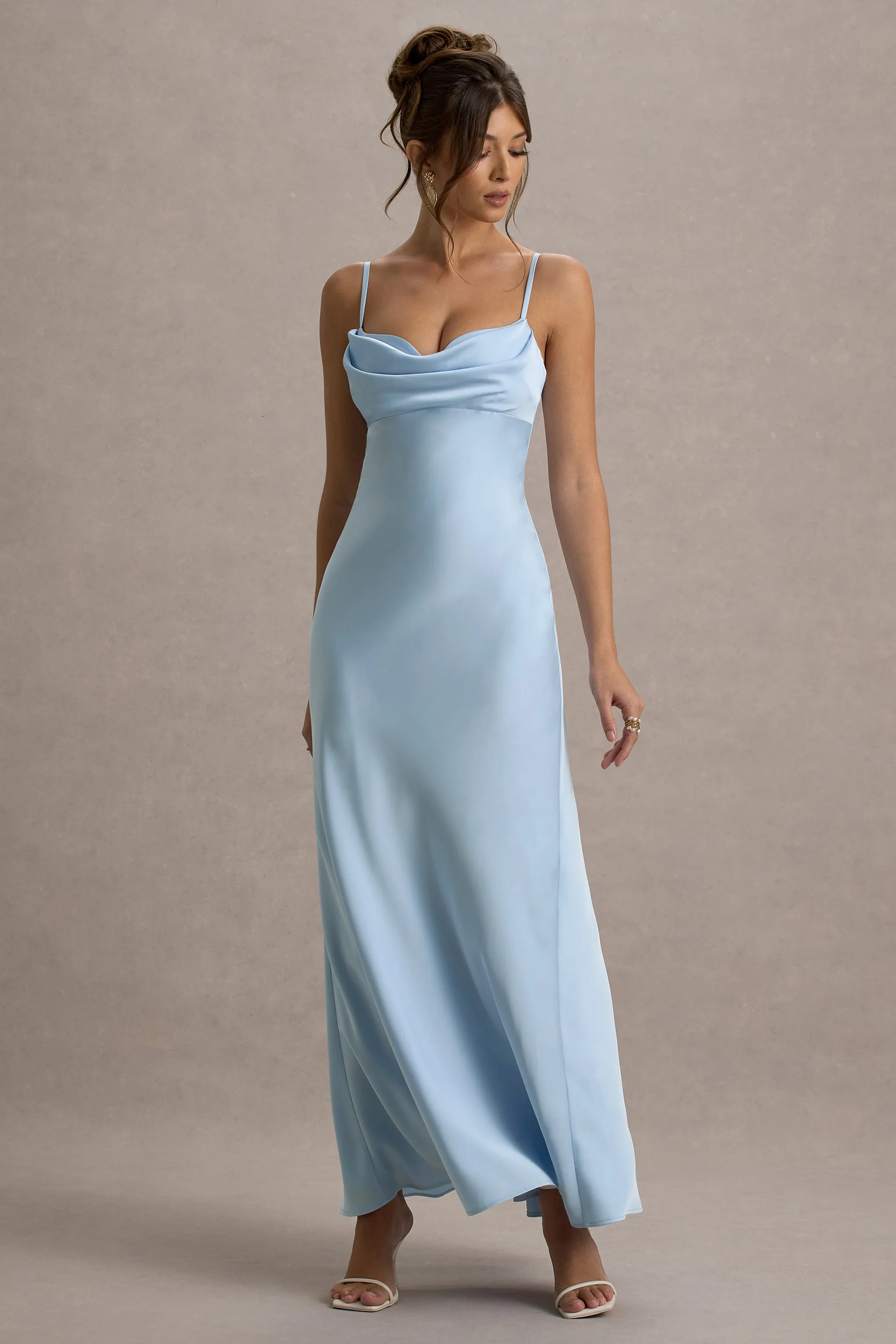 Eimear | Powder Blue Satin Draped Sweetheart Maxi Dress Club L London