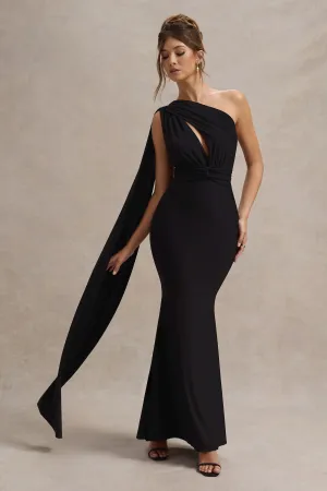 Elaina | Black Asymmetric Knot Maxi Dress With Sash Club L London