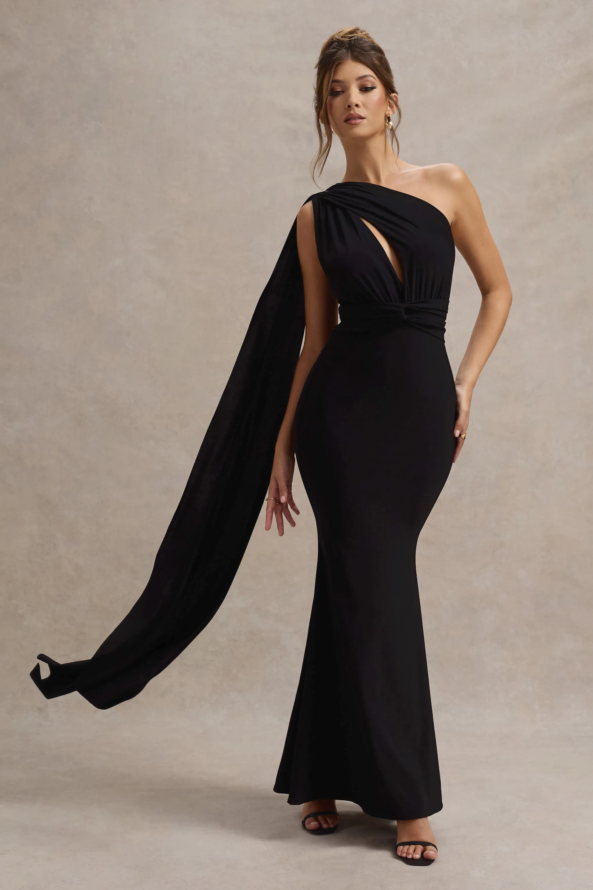 Elaina | Black Asymmetric Knot Maxi Dress With Sash Club L London