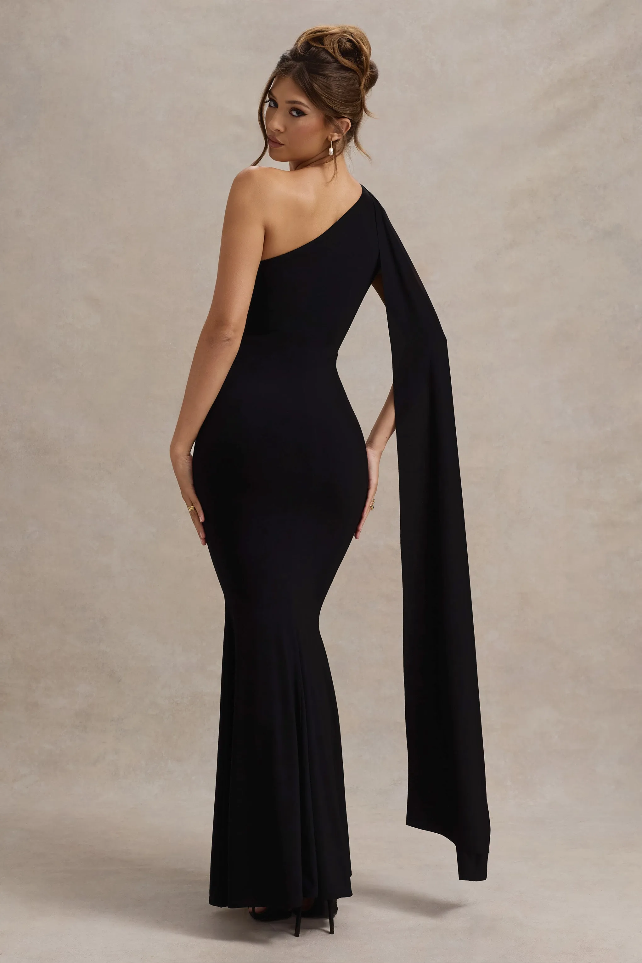 Elaina | Black Asymmetric Knot Maxi Dress With Sash Club L London